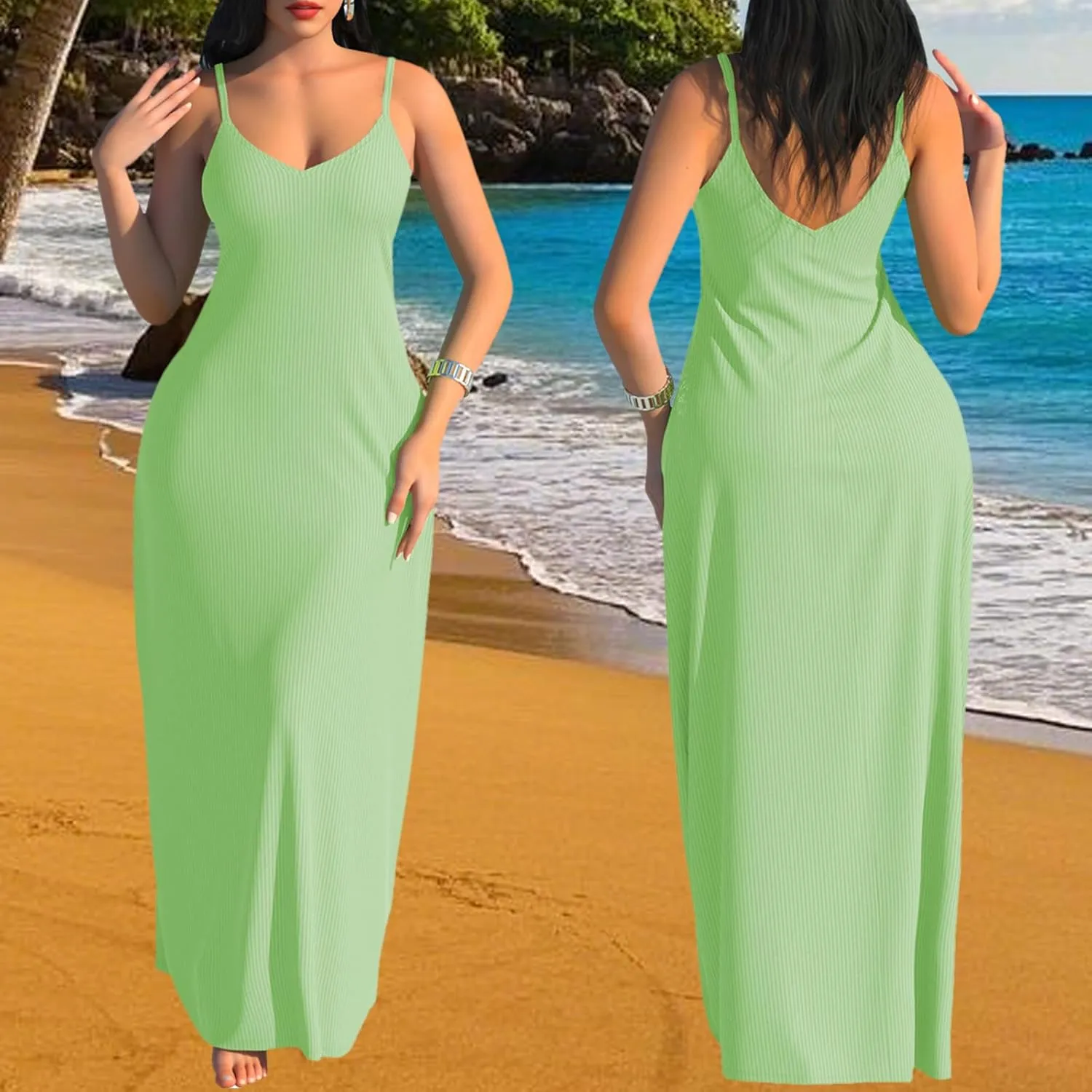 PaladMom Women's Summer Casual Sundress Sleeveless Maxi Dress Plus Size Loose Stripes Long Dresses with Pockets