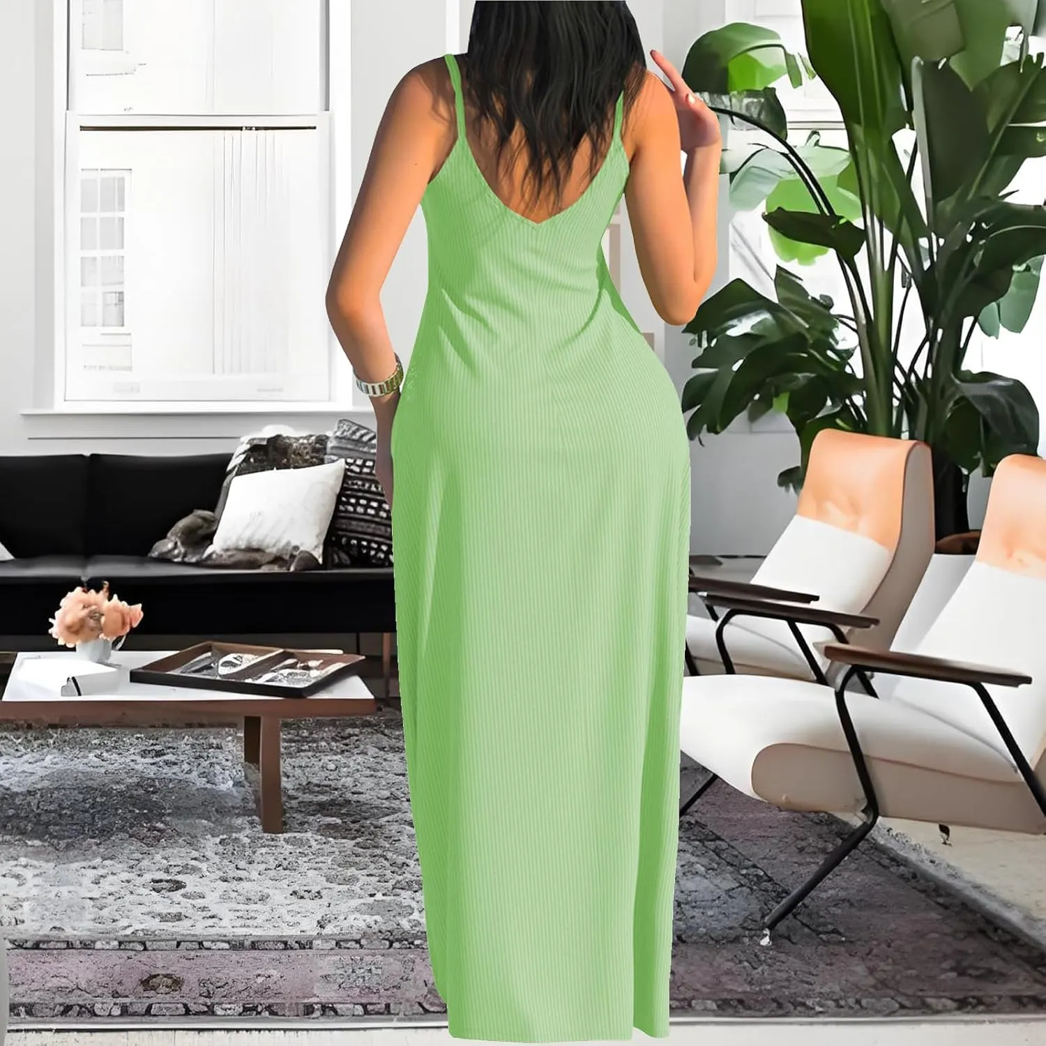 PaladMom Women's Summer Casual Sundress Sleeveless Maxi Dress Plus Size Loose Stripes Long Dresses with Pockets