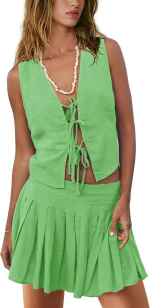 Panadila Womens 2 Piece Skirt Sets Beach Linen Set Tie Front Vest Top and Pleated Skirts Matching Outfits