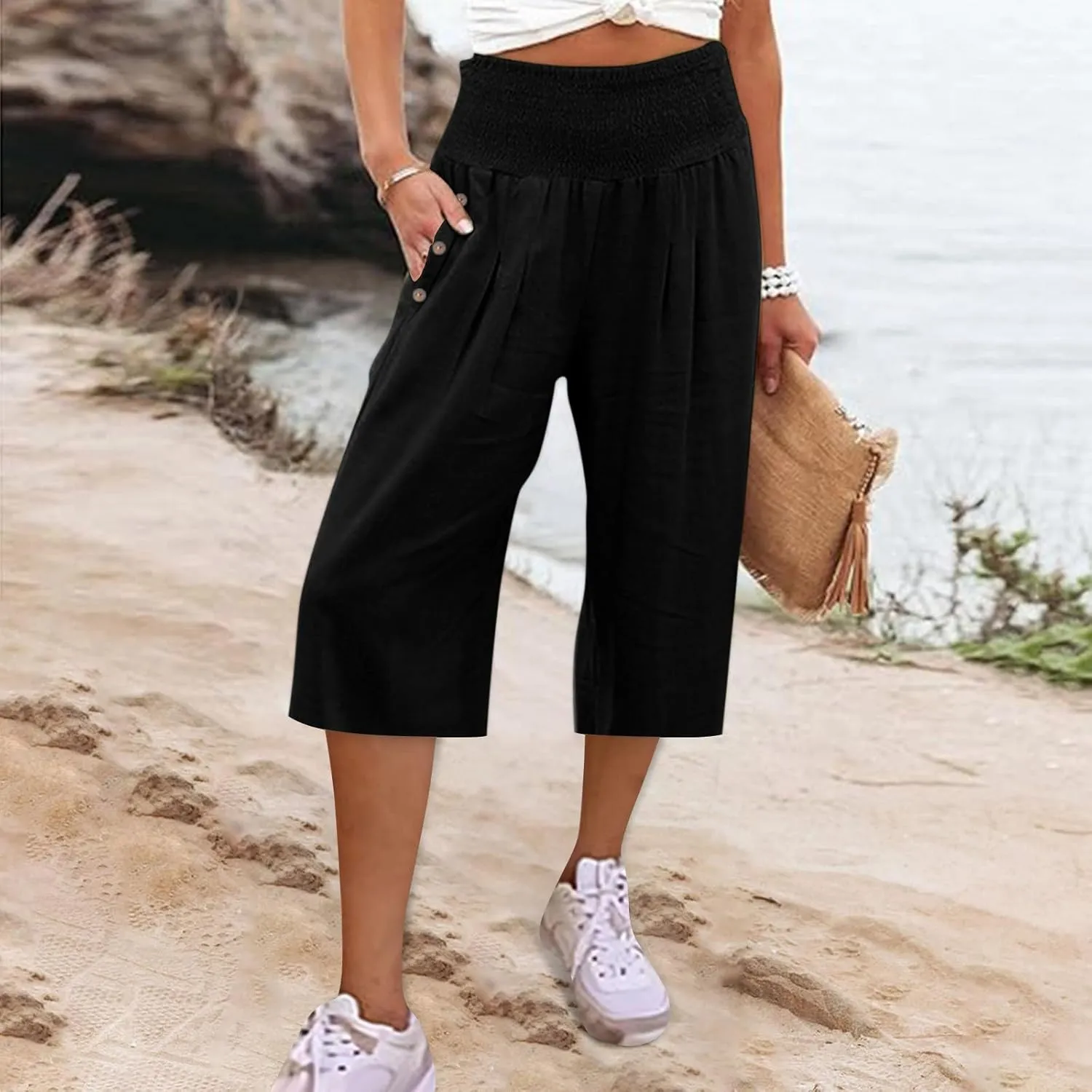 Pants for Women, Capri Pants Tummy Control with Pockets High Waist Wide