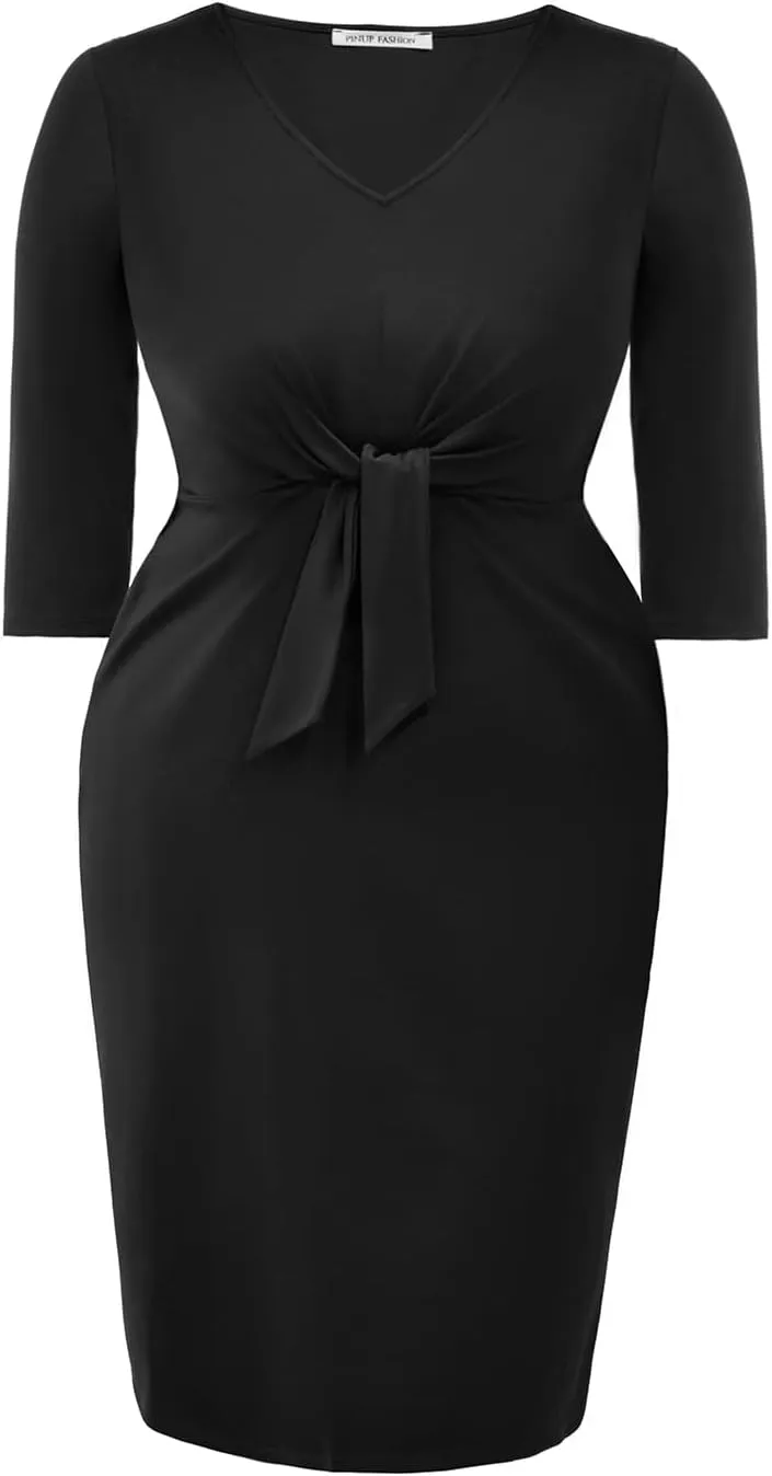 Pinup Fashion Women Plus Size Work Dresses - Wedding Guest Cocktail Semi Formal Tie Waist Sheath Dress