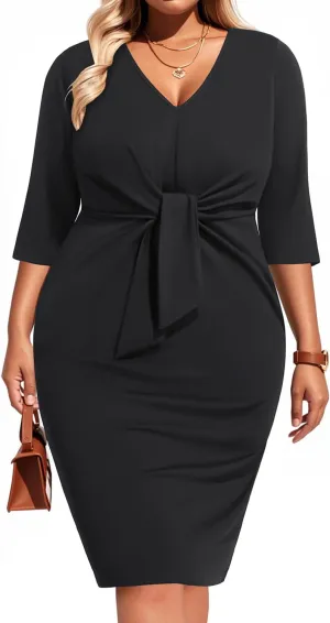Pinup Fashion Women Plus Size Work Dresses - Wedding Guest Cocktail Semi Formal Tie Waist Sheath Dress