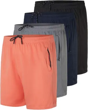 Real Essentials 4 Pack: Men's 5" Mesh Quick-Dry Athletic Running Gym Shorts with Zipper Pockets (Available in Big & Tall)