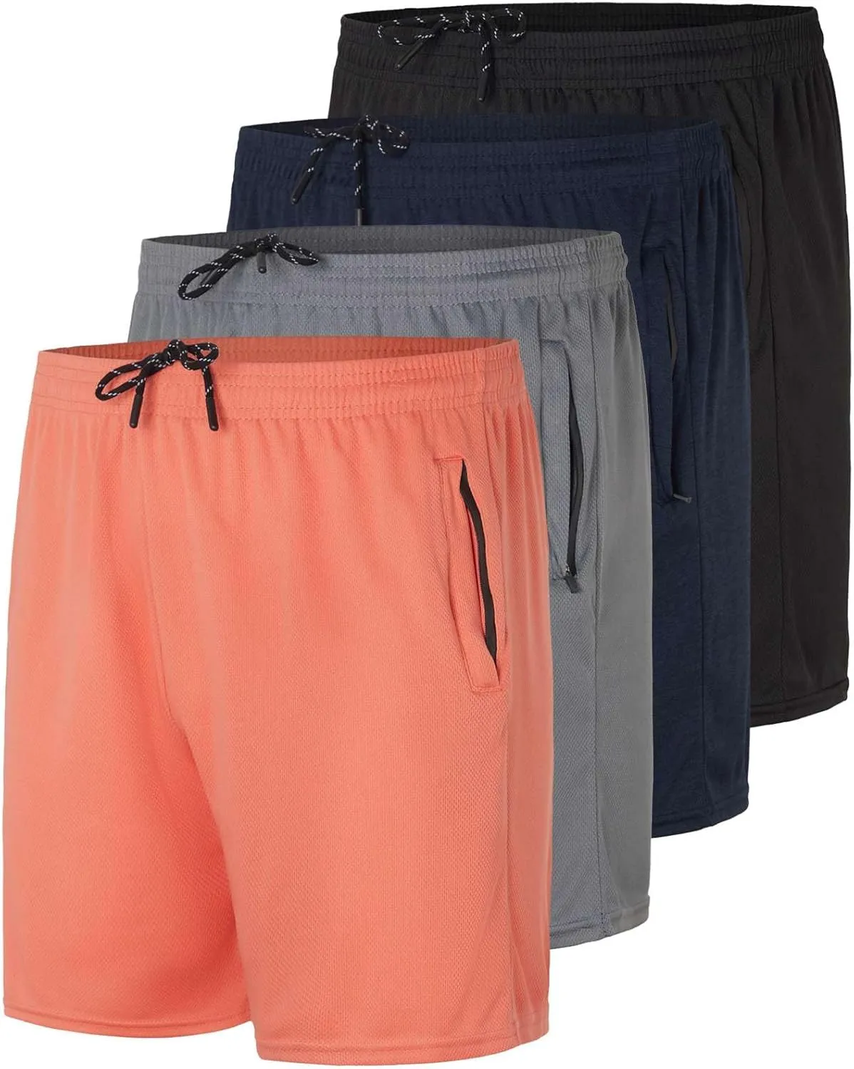 Real Essentials 4 Pack: Men's 5" Mesh Quick-Dry Athletic Running Gym Shorts with Zipper Pockets (Available in Big & Tall)