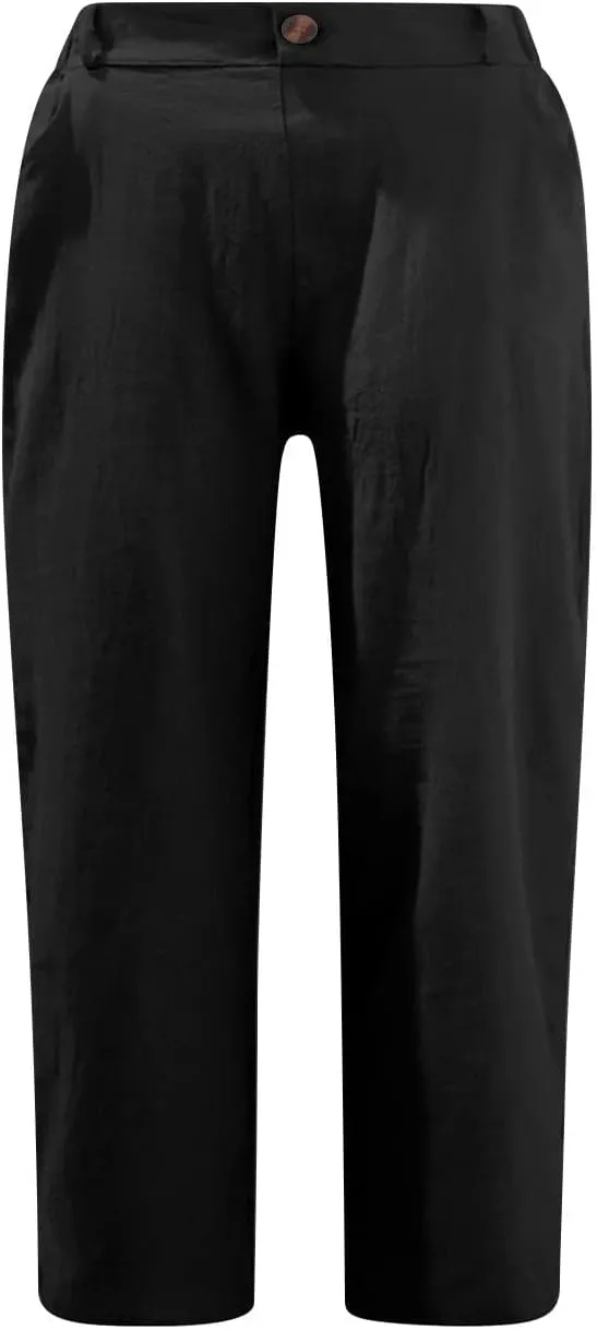 RKSTN Linen Pants Women Summer 2025 Capris for Work Casual Cropped Trousers Solid Plain High Waist Straight Pant with Pockets