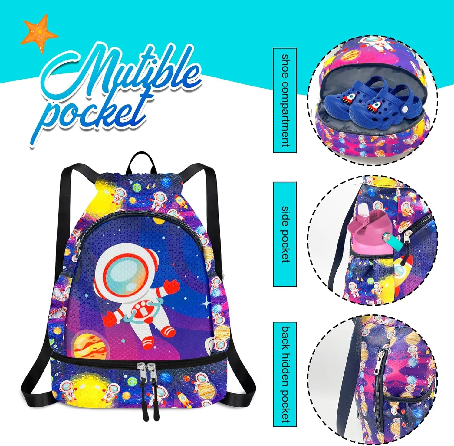 RLGPBON Drawstring Backpack for Kids,Youth Gym Dance Beach Swim Travel Bag for Girls and Boys with Two Water Bottle Holders