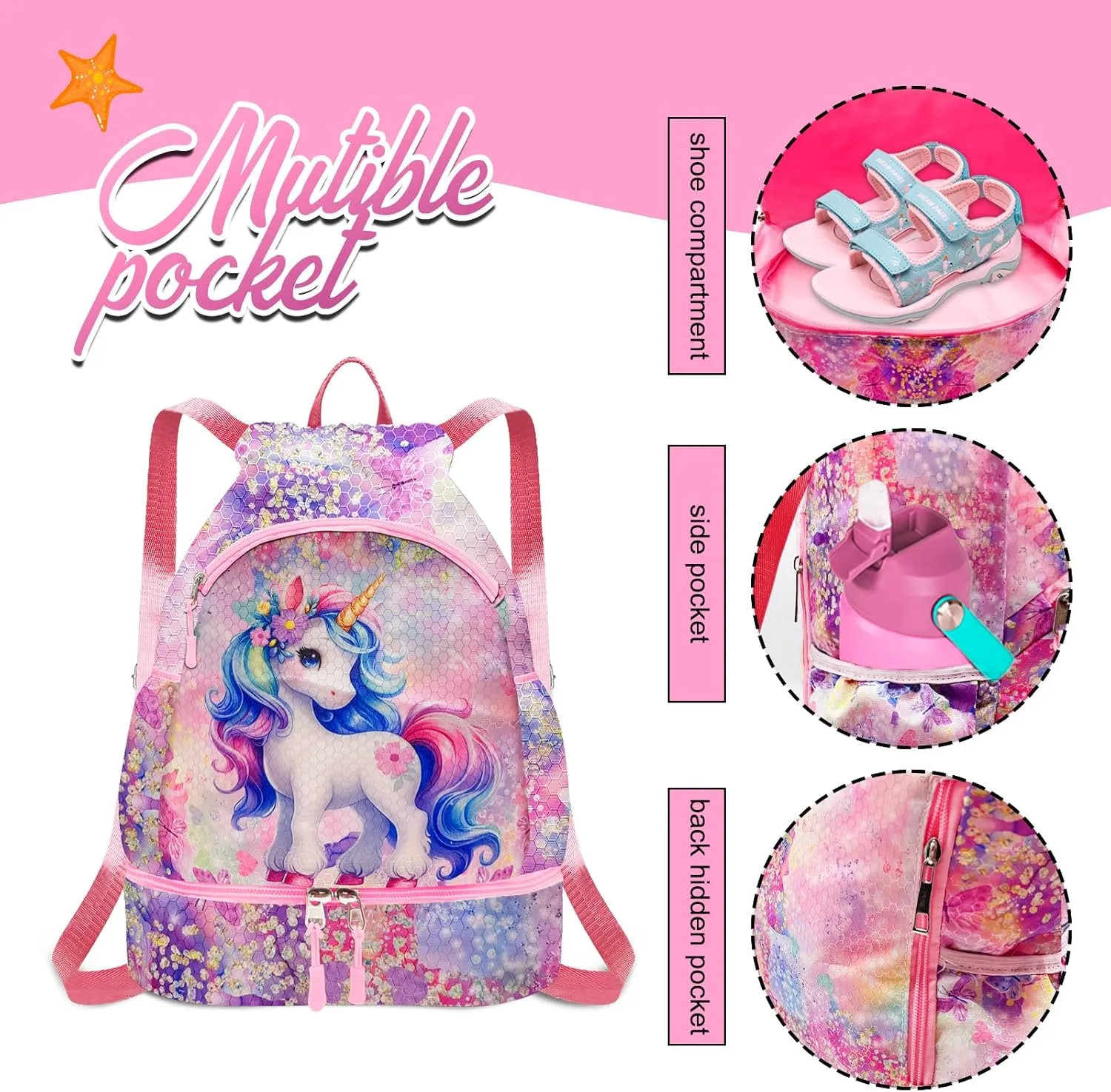 RLGPBON Drawstring Backpack for Kids,Youth Gym Dance Beach Swim Travel Bag for Girls and Boys with Two Water Bottle Holders