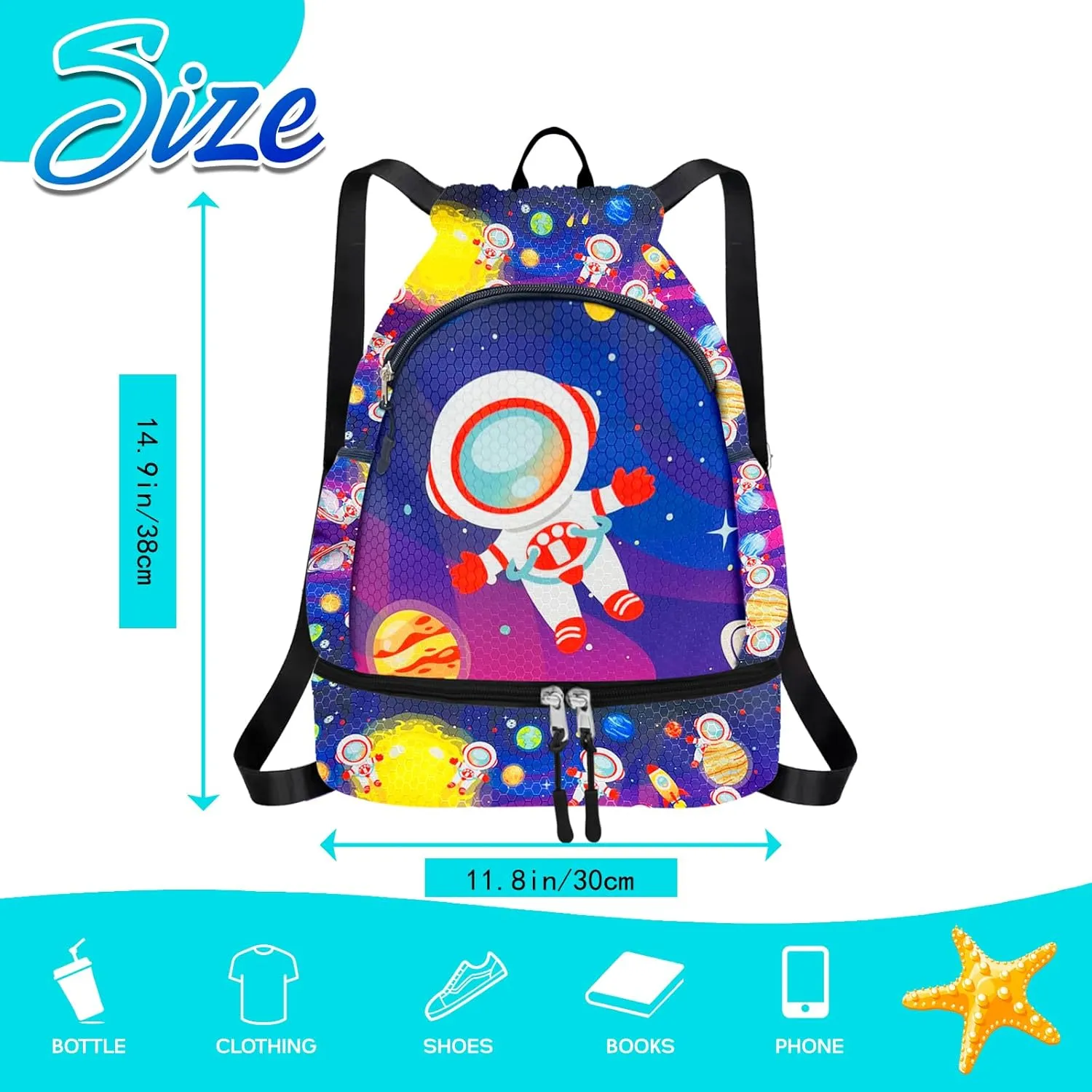 RLGPBON Drawstring Backpack for Kids,Youth Gym Dance Beach Swim Travel Bag for Girls and Boys with Two Water Bottle Holders