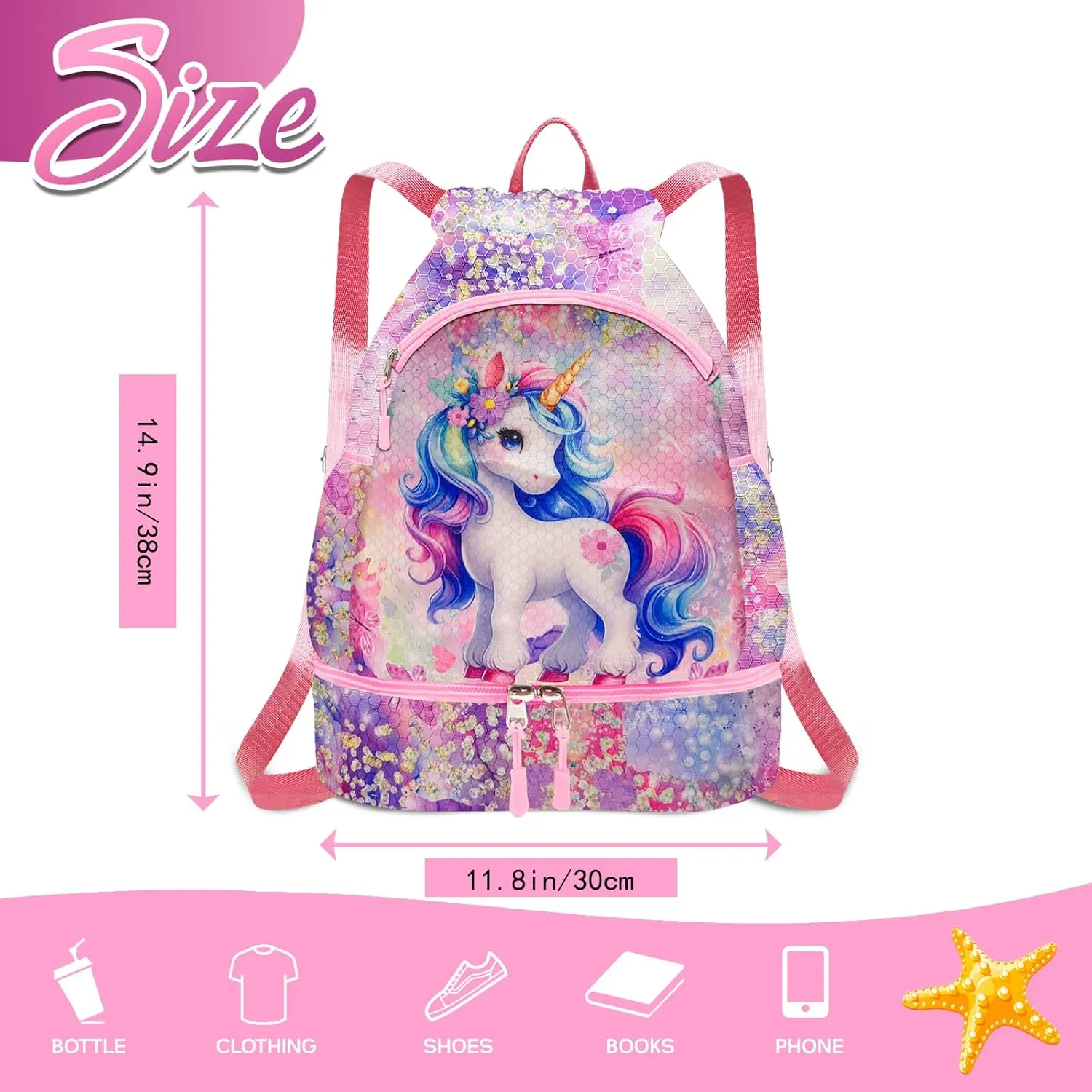 RLGPBON Drawstring Backpack for Kids,Youth Gym Dance Beach Swim Travel Bag for Girls and Boys with Two Water Bottle Holders