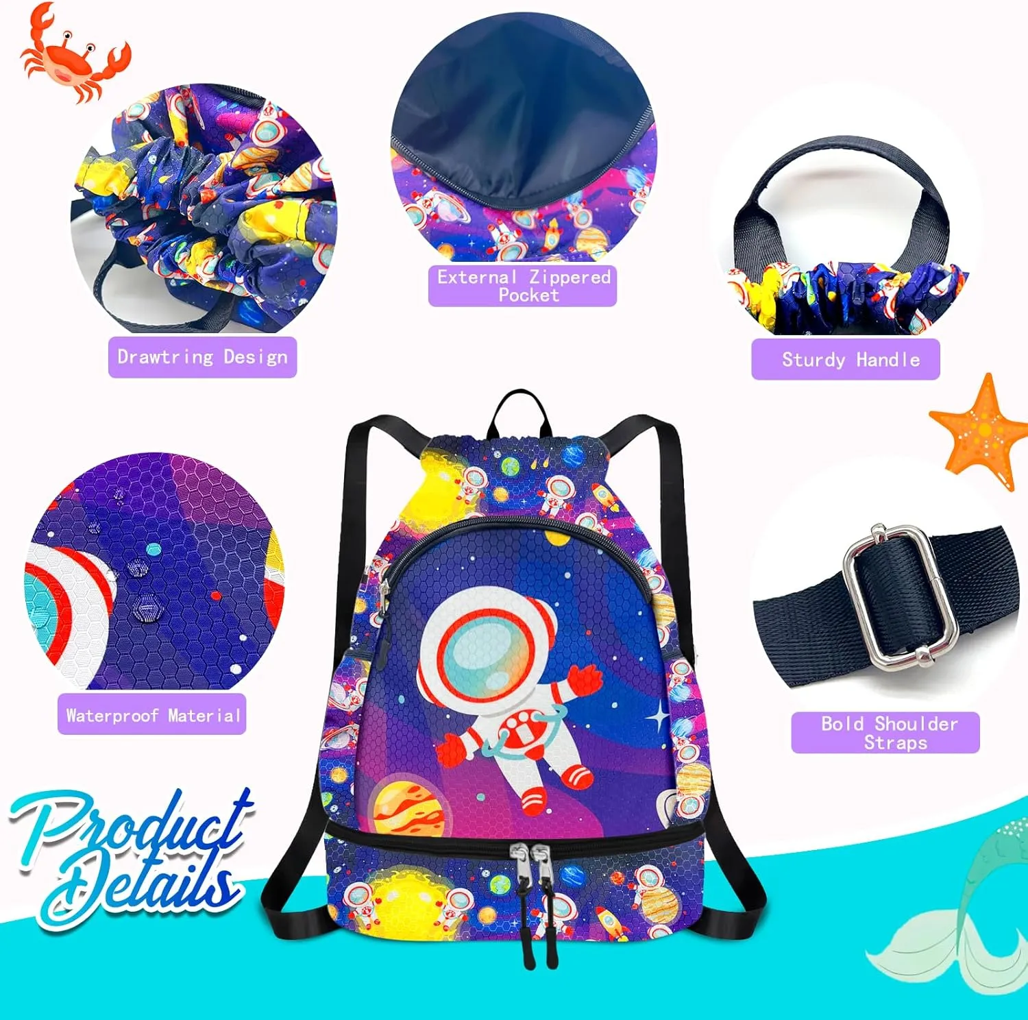 RLGPBON Drawstring Backpack for Kids,Youth Gym Dance Beach Swim Travel Bag for Girls and Boys with Two Water Bottle Holders