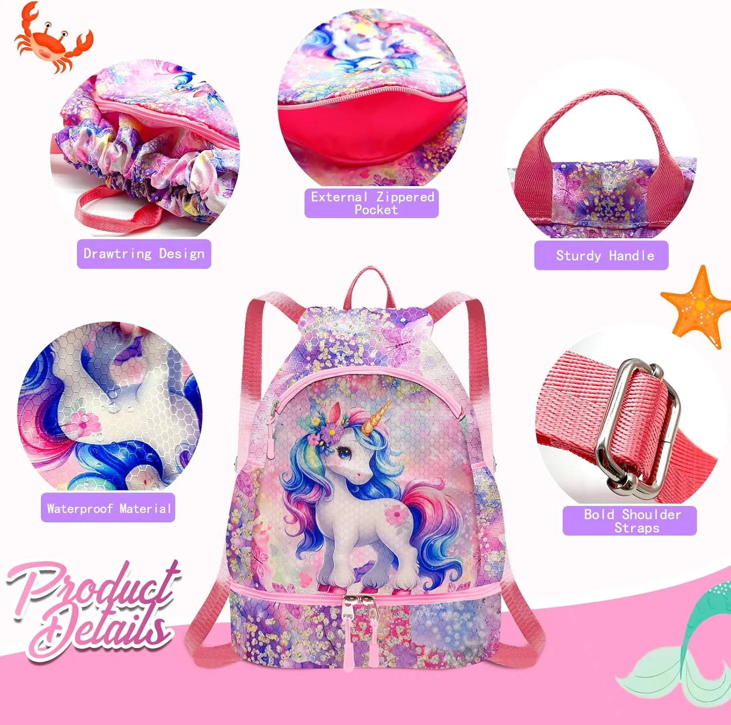 RLGPBON Drawstring Backpack for Kids,Youth Gym Dance Beach Swim Travel Bag for Girls and Boys with Two Water Bottle Holders