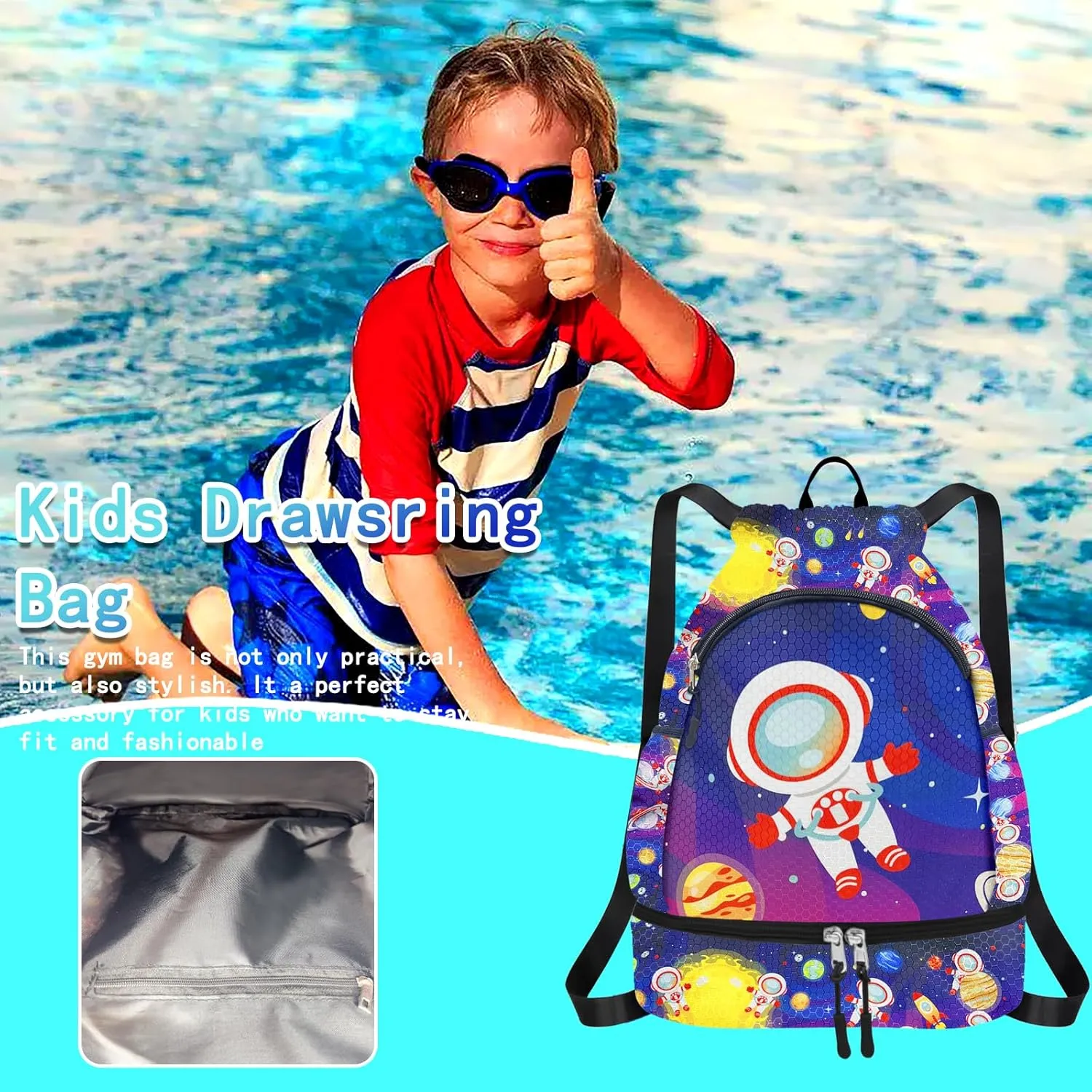 RLGPBON Drawstring Backpack for Kids,Youth Gym Dance Beach Swim Travel Bag for Girls and Boys with Two Water Bottle Holders