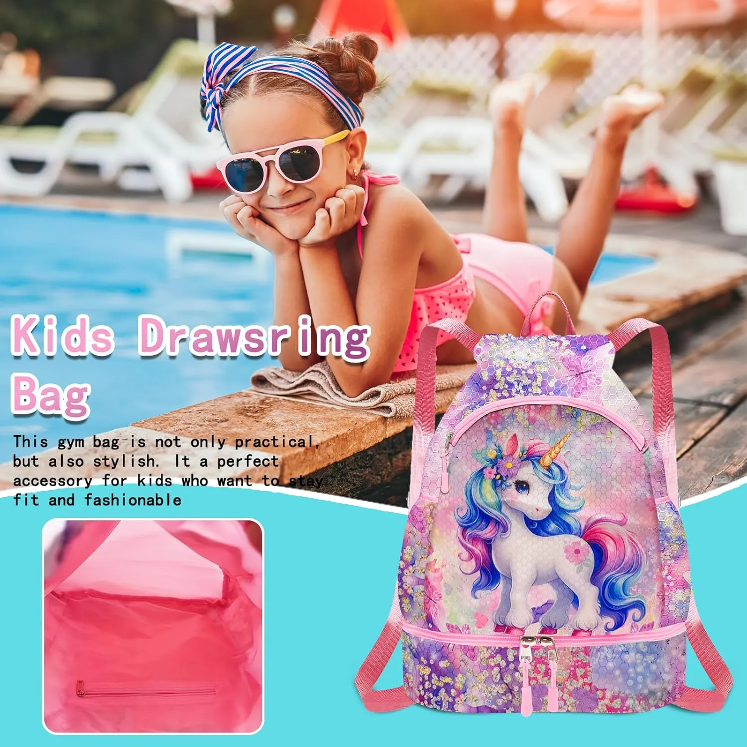 RLGPBON Drawstring Backpack for Kids,Youth Gym Dance Beach Swim Travel Bag for Girls and Boys with Two Water Bottle Holders