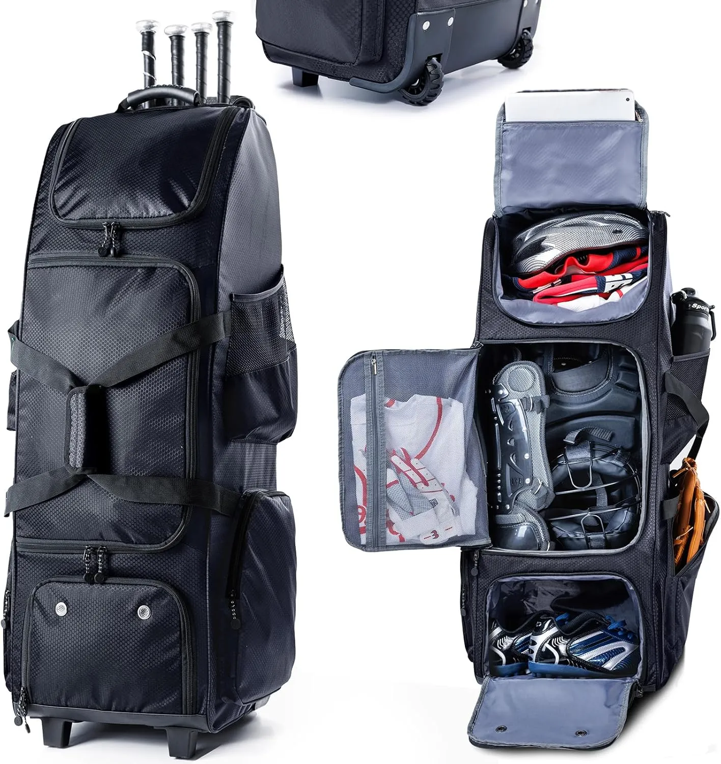 Rolling Baseball Bag With Wheels, Seperate Shoe Compartment and Fence Hook - Large Softball Bag for T-Ball - Team Equipment Duffle Bag - Catcher Gear Bag for Boys 8-12, Youth, Adults