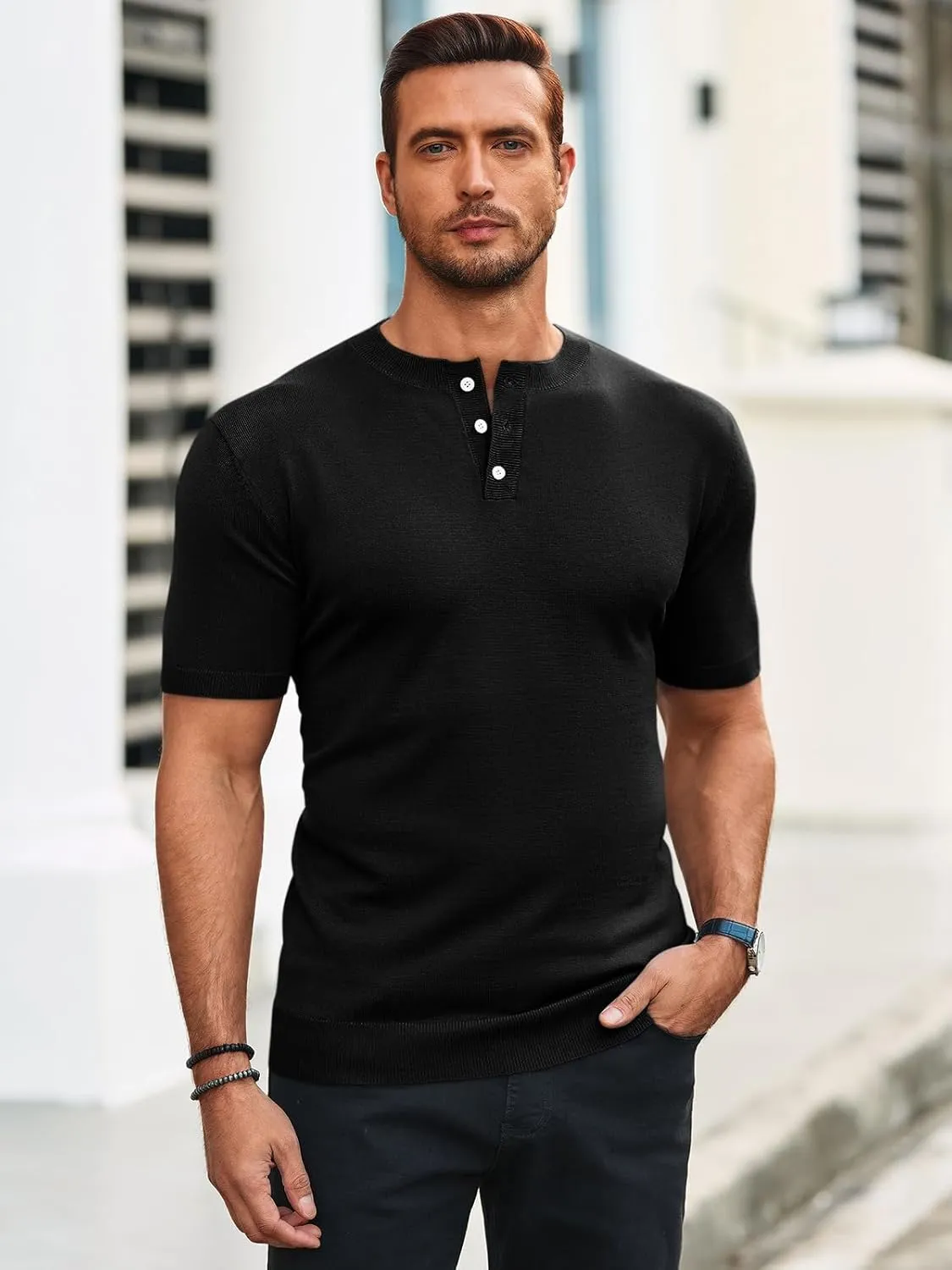 Runcati Mens Knit Henley Shirt Short Sleeve Casual Slim Fit T-Shirts Lightweight Pullover Tops