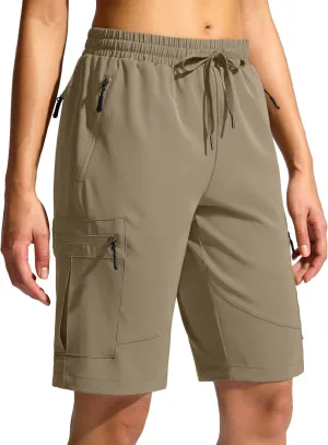 SANTINY Women's 10'' Lightweight Hiking Cargo Shorts with 5 Zipper Pockets Quick Dry Summer Long Travel Golf Shorts for Women