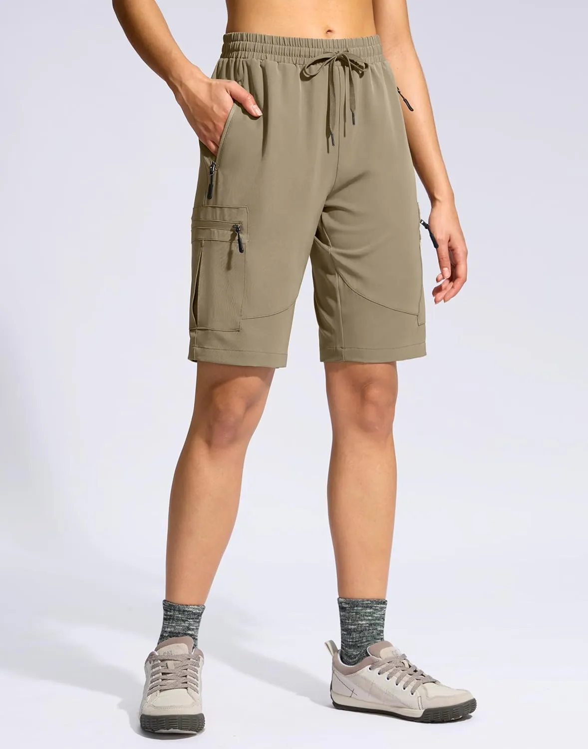 SANTINY Women's 10'' Lightweight Hiking Cargo Shorts with 5 Zipper Pockets Quick Dry Summer Long Travel Golf Shorts for Women