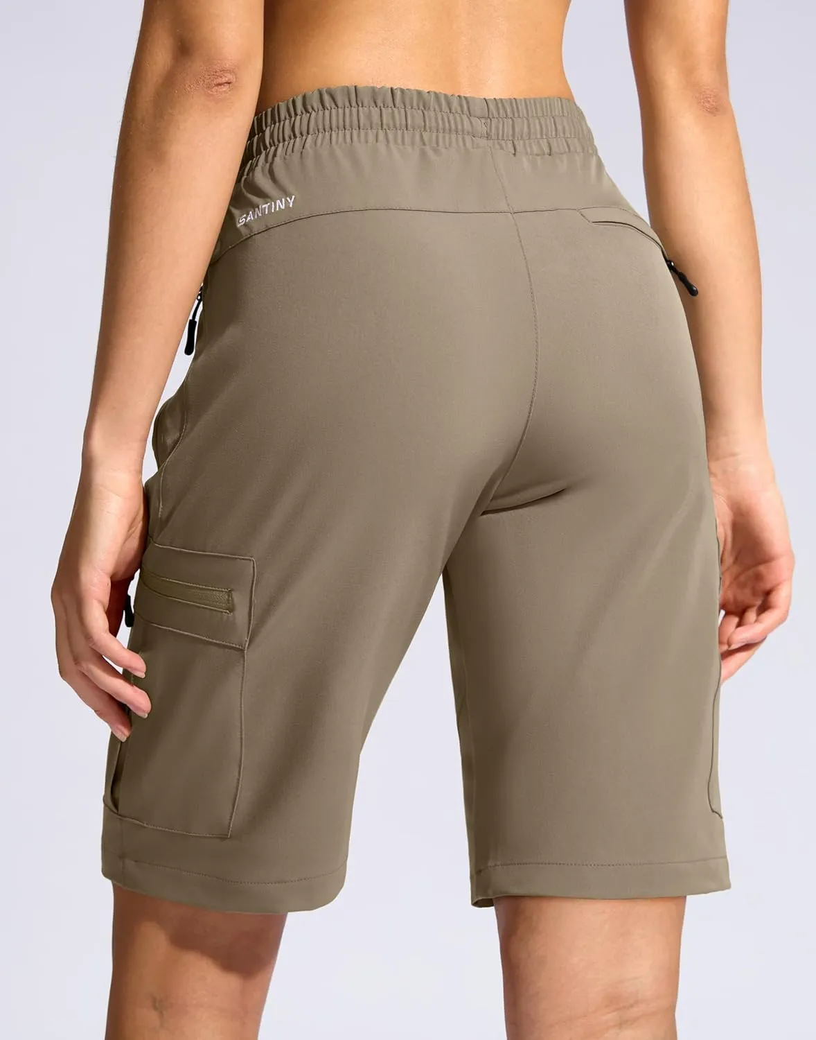 SANTINY Women's 10'' Lightweight Hiking Cargo Shorts with 5 Zipper Pockets Quick Dry Summer Long Travel Golf Shorts for Women