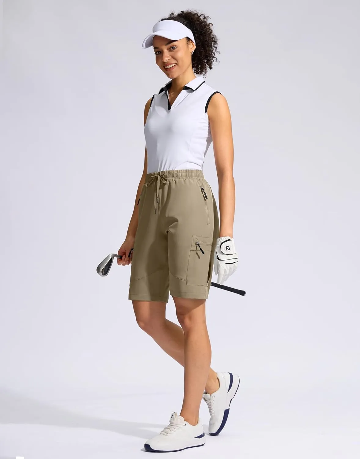 SANTINY Women's 10'' Lightweight Hiking Cargo Shorts with 5 Zipper Pockets Quick Dry Summer Long Travel Golf Shorts for Women