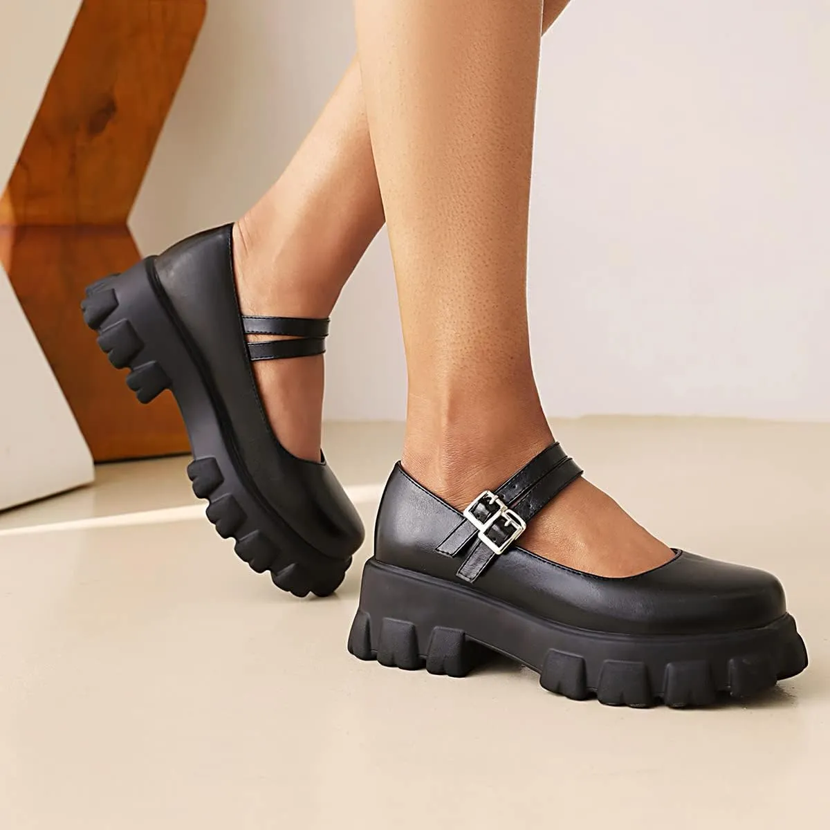 Scaoruki Women Fashion Loafers Platform Chunky Heels Slip on Shoes