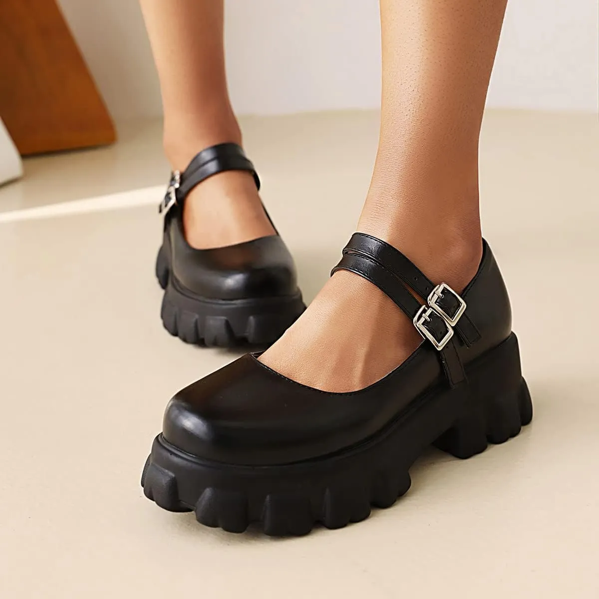 Scaoruki Women Fashion Loafers Platform Chunky Heels Slip on Shoes