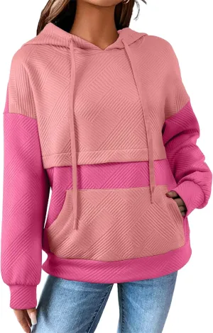 SHEWIN Women's Hoodies Casual Long Sleeve Textured Pullover Tops Loose Drawstring Sweatshirt with Pocket
