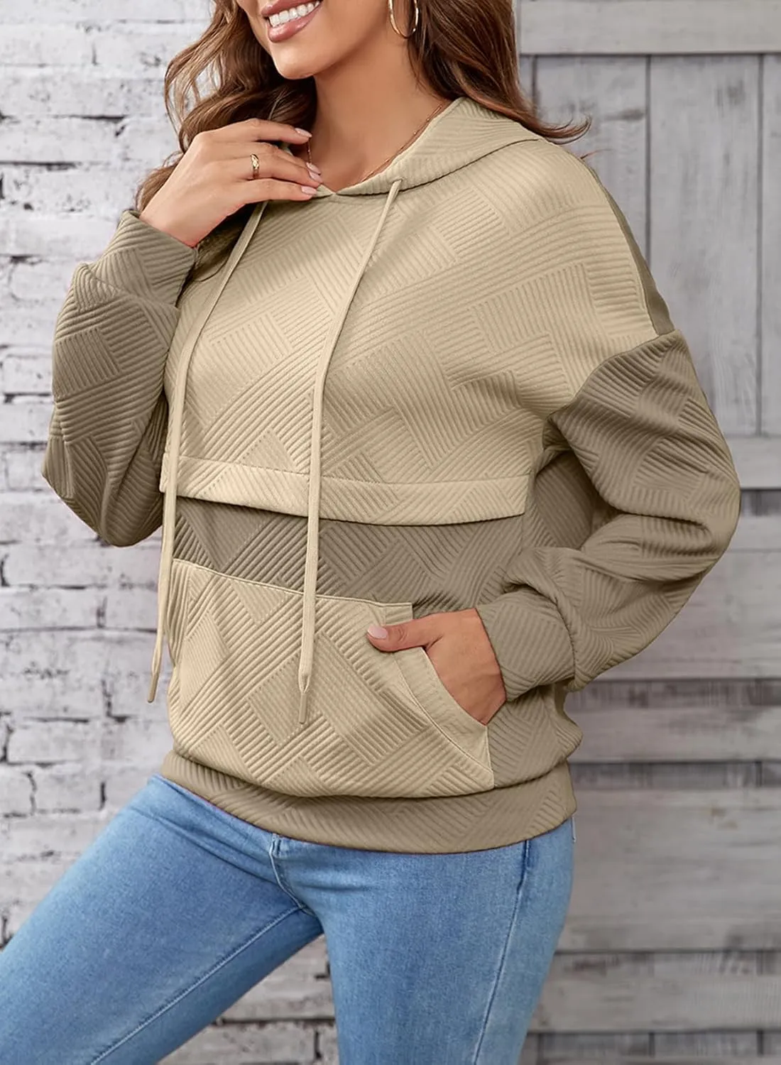 SHEWIN Women's Hoodies Casual Long Sleeve Textured Pullover Tops Loose Drawstring Sweatshirt with Pocket