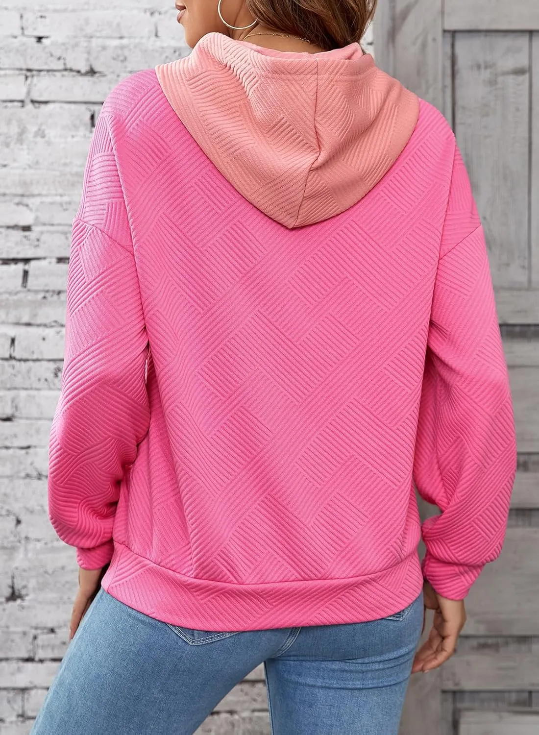 SHEWIN Women's Hoodies Casual Long Sleeve Textured Pullover Tops Loose Drawstring Sweatshirt with Pocket