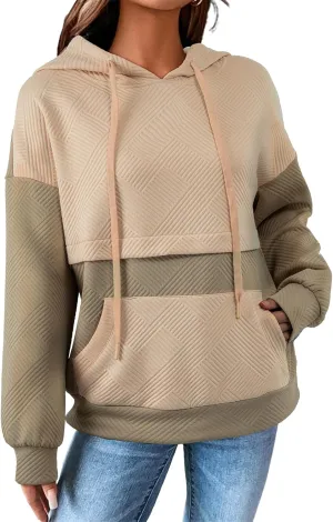 SHEWIN Women's Hoodies Casual Long Sleeve Textured Pullover Tops Loose Drawstring Sweatshirt with Pocket