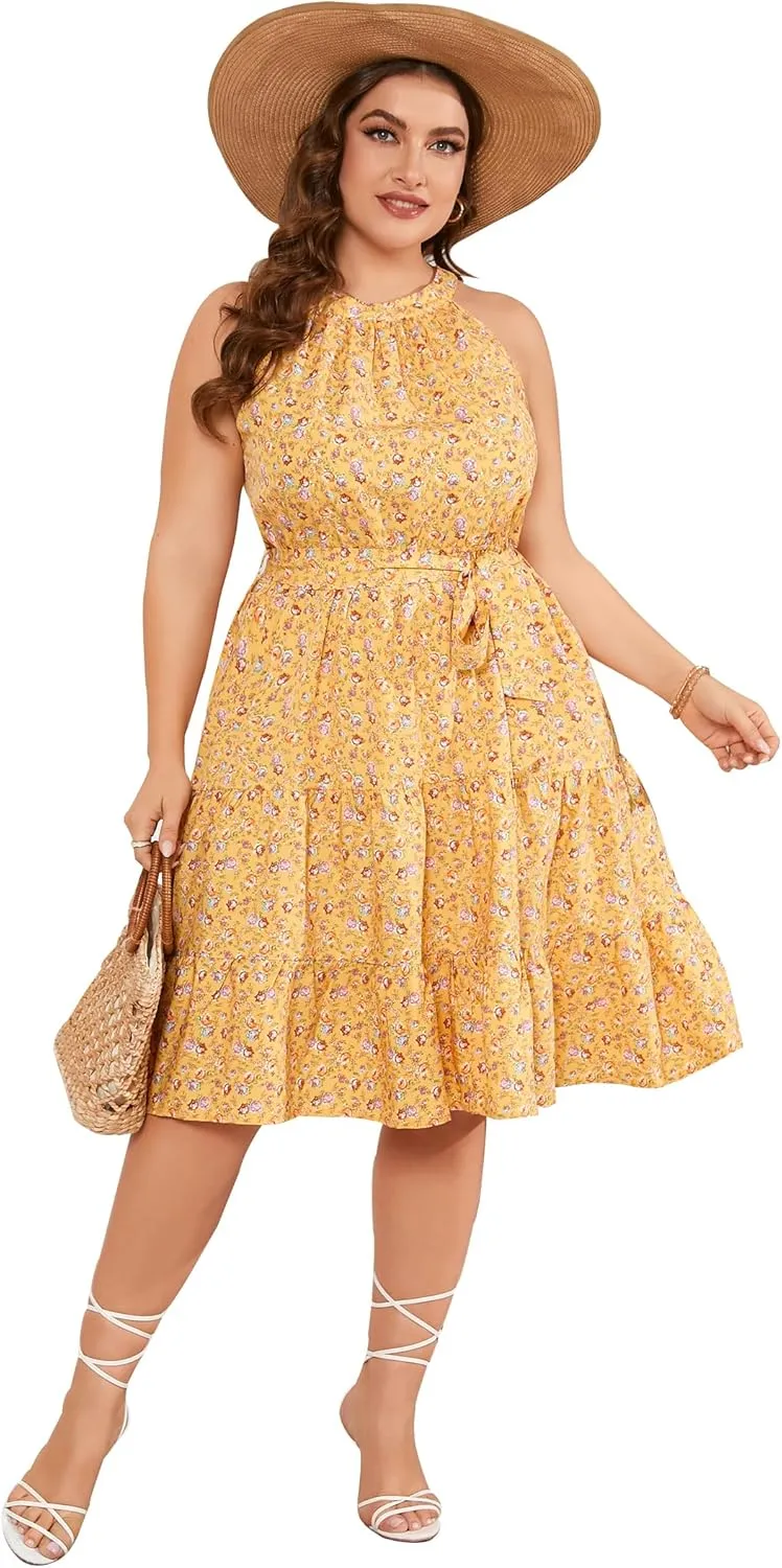ShopWonder Women's Plus Size 2024 Summer Sleeveless Halter Mini Dress Ruffle Tiered Flowy Swing Beach Dresses