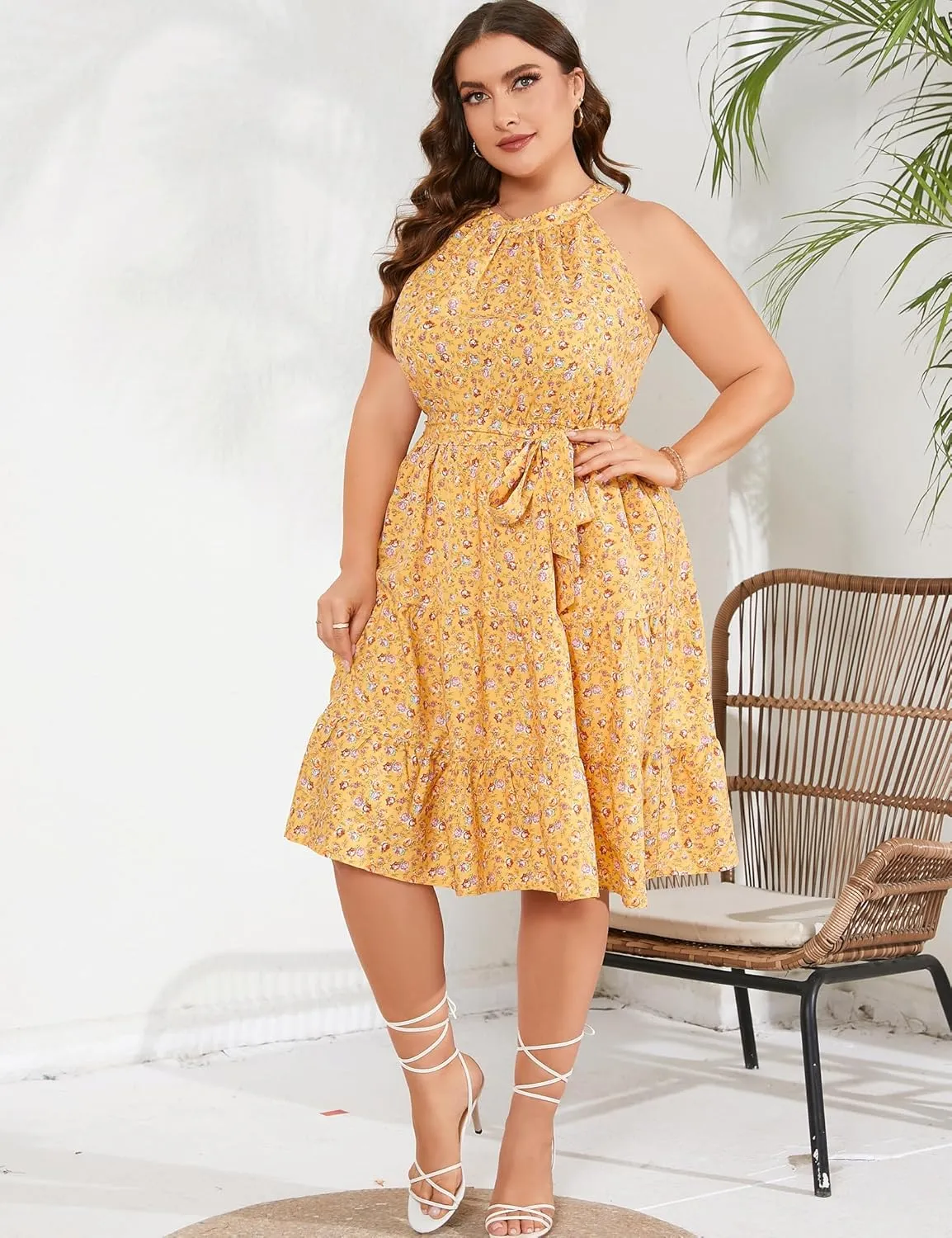ShopWonder Women's Plus Size 2024 Summer Sleeveless Halter Mini Dress Ruffle Tiered Flowy Swing Beach Dresses