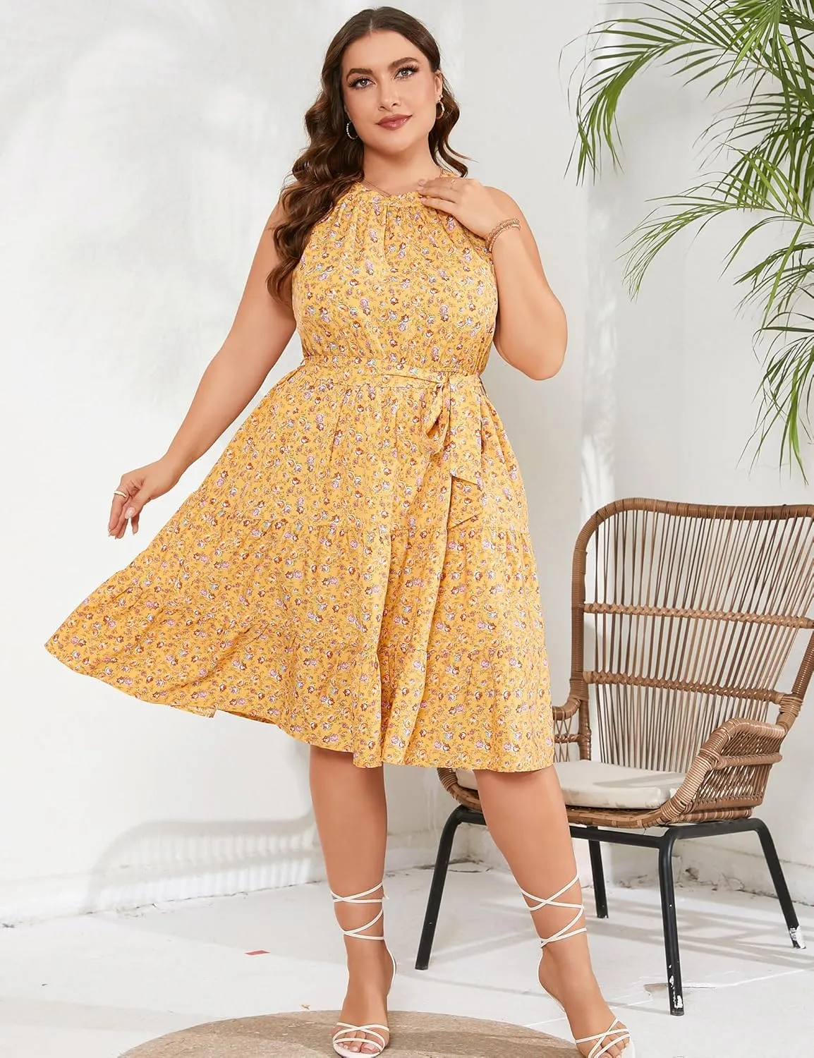 ShopWonder Women's Plus Size 2024 Summer Sleeveless Halter Mini Dress Ruffle Tiered Flowy Swing Beach Dresses