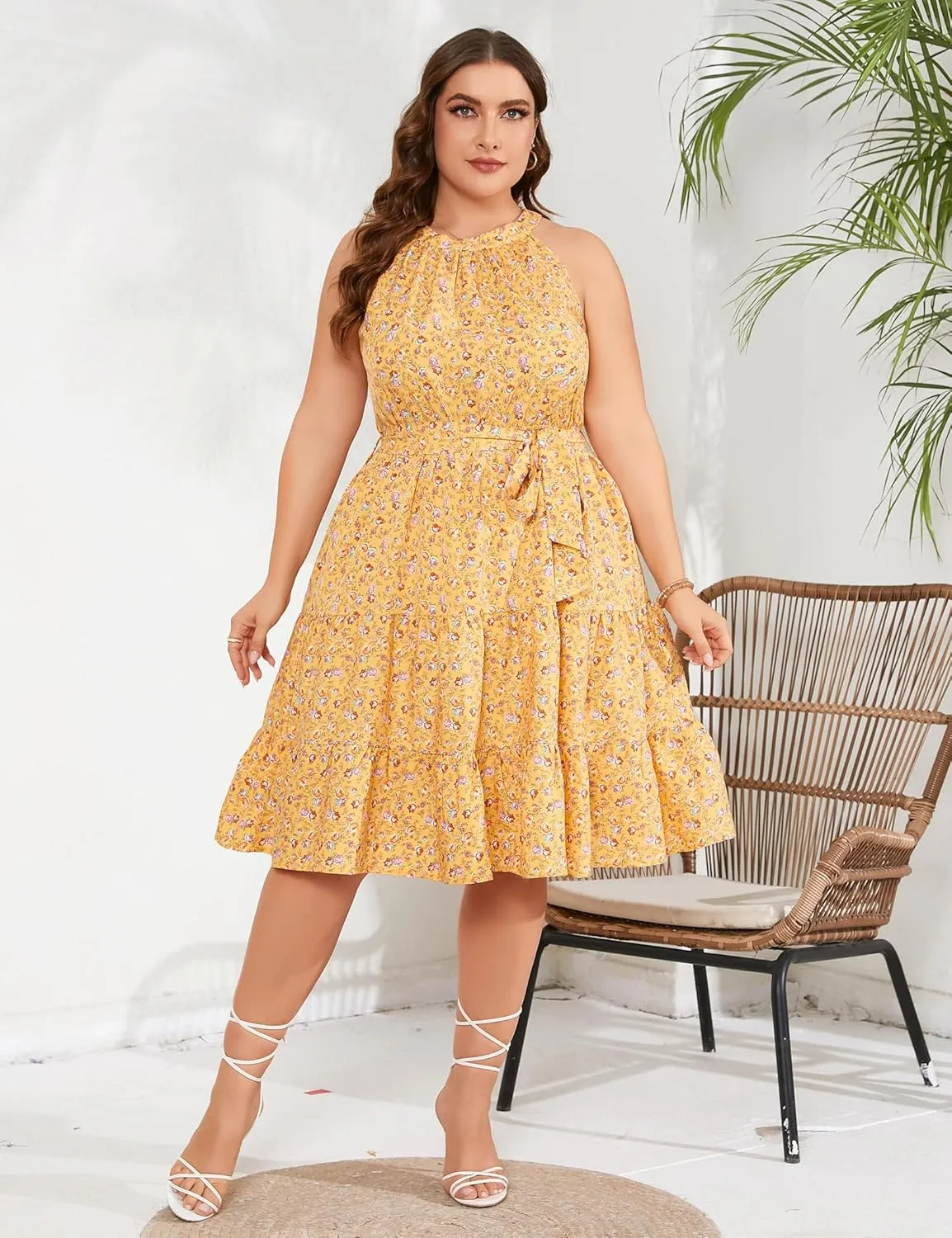 ShopWonder Women's Plus Size 2024 Summer Sleeveless Halter Mini Dress Ruffle Tiered Flowy Swing Beach Dresses