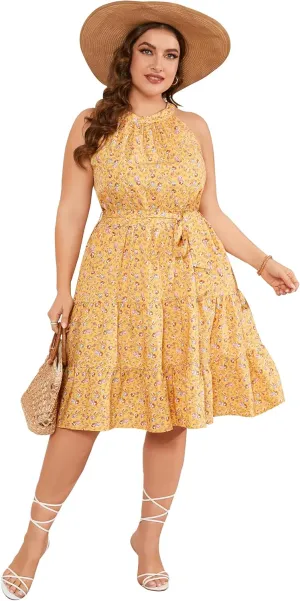 ShopWonder Women's Plus Size 2024 Summer Sleeveless Halter Mini Dress Ruffle Tiered Flowy Swing Beach Dresses