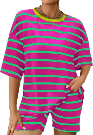 Shorts Sets Women Striped Outfits Oversized T Shirts 2025 Striped Lounge Wear Summer Outfits Tracksuit