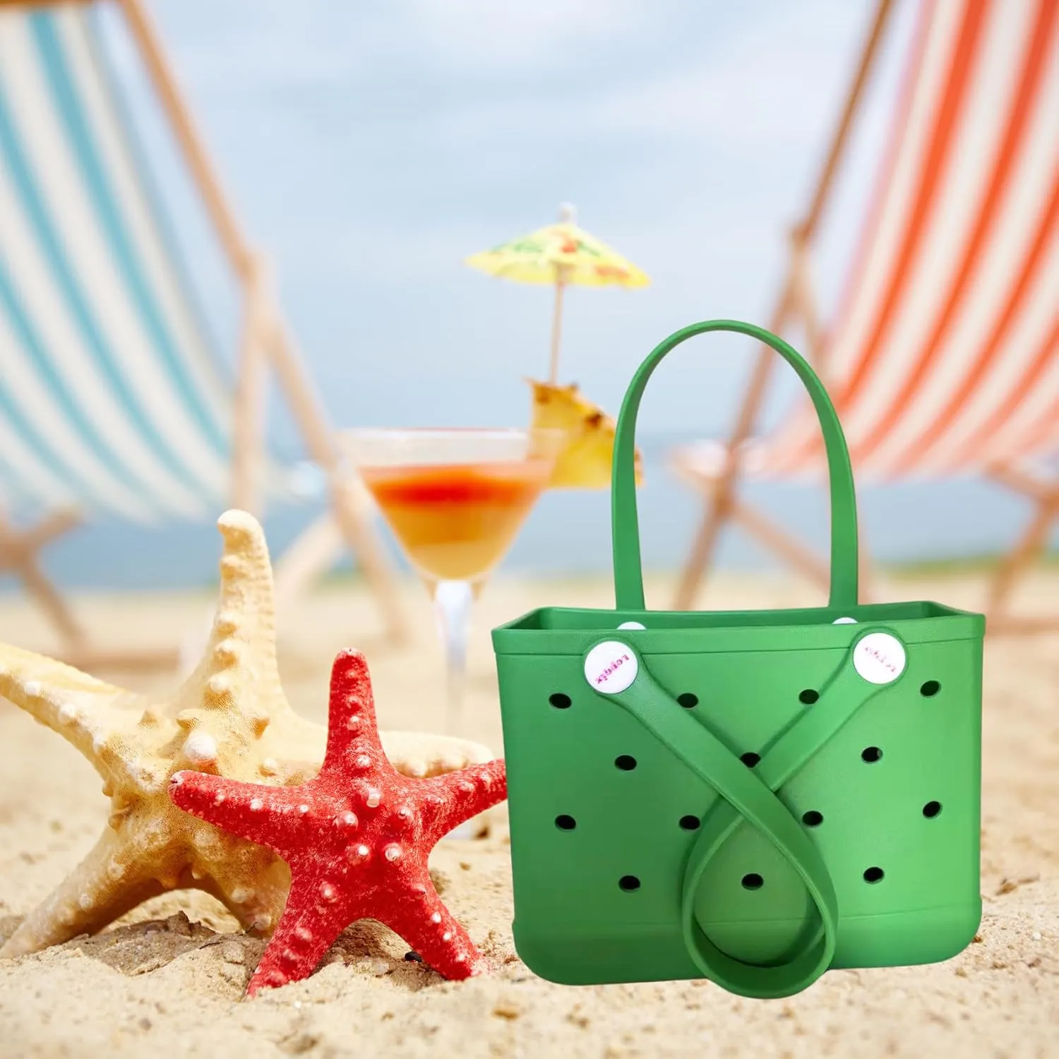 Small Rubber Beach Tote Bag, Open Top Portable Outdoor Travel Bag for Beach Picnic Pool Outings