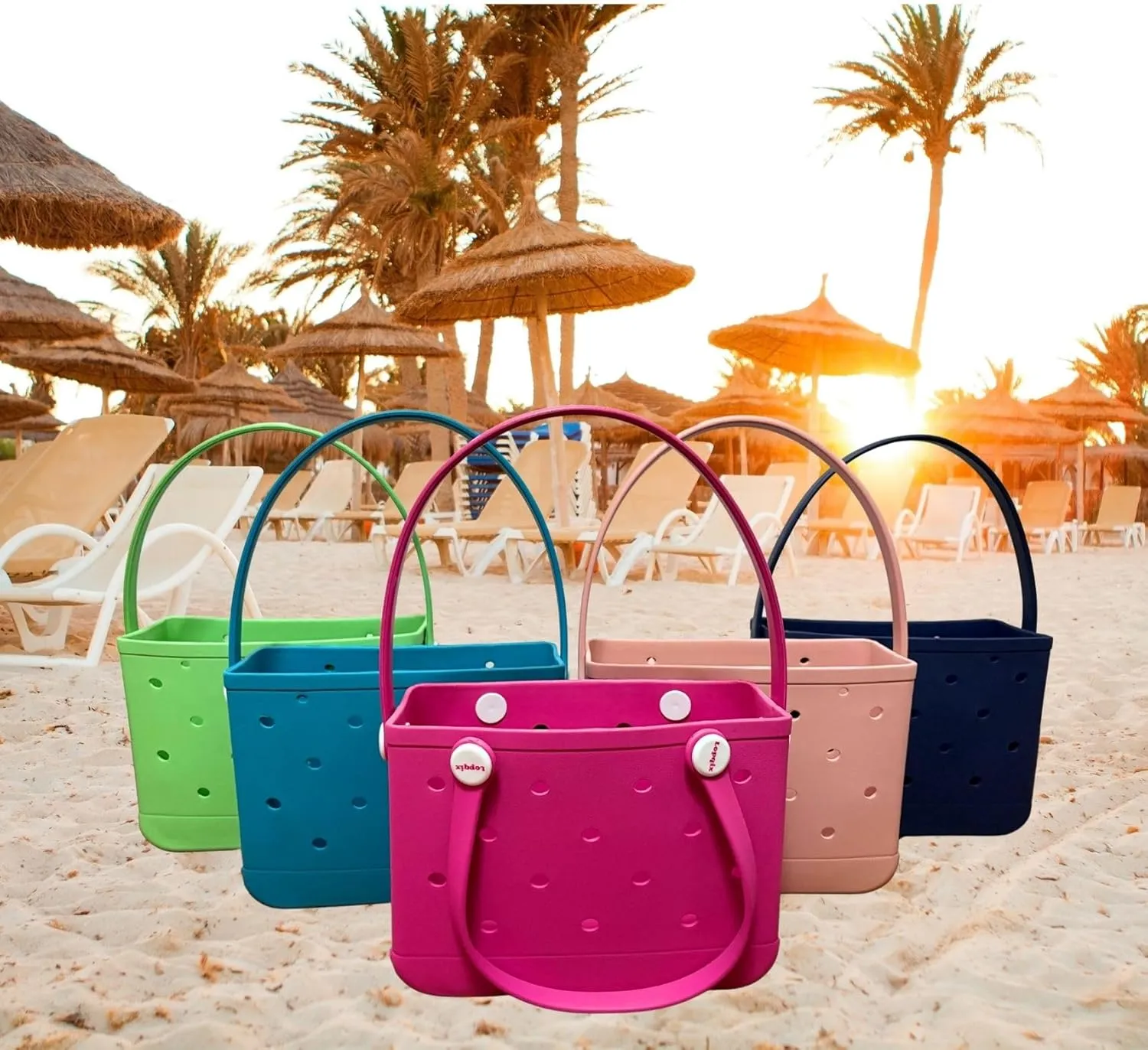 Small Rubber Beach Tote Bag, Open Top Portable Outdoor Travel Bag for Beach Picnic Pool Outings