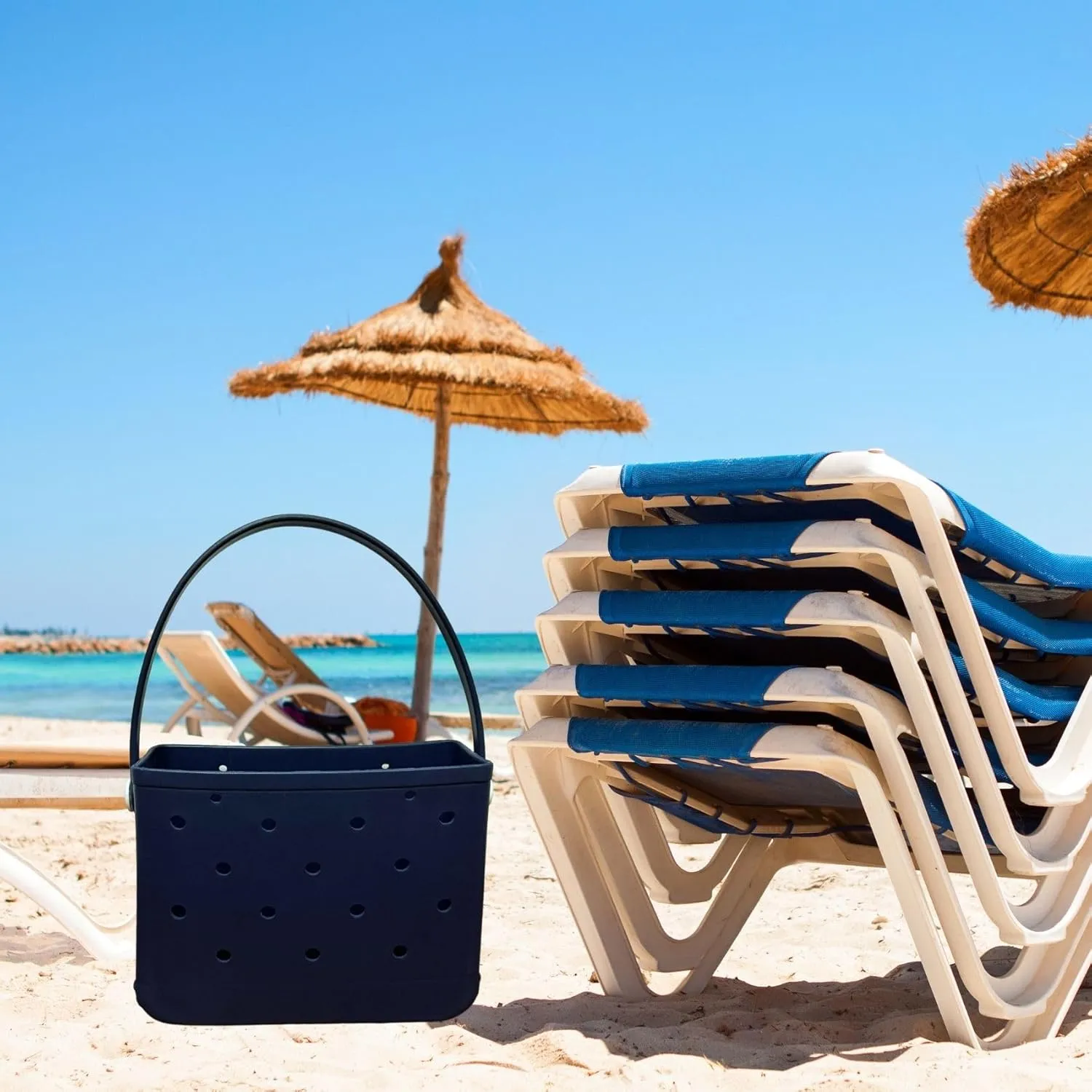 Small Rubber Beach Tote Bag, Open Top Portable Outdoor Travel Bag for Beach Picnic Pool Outings