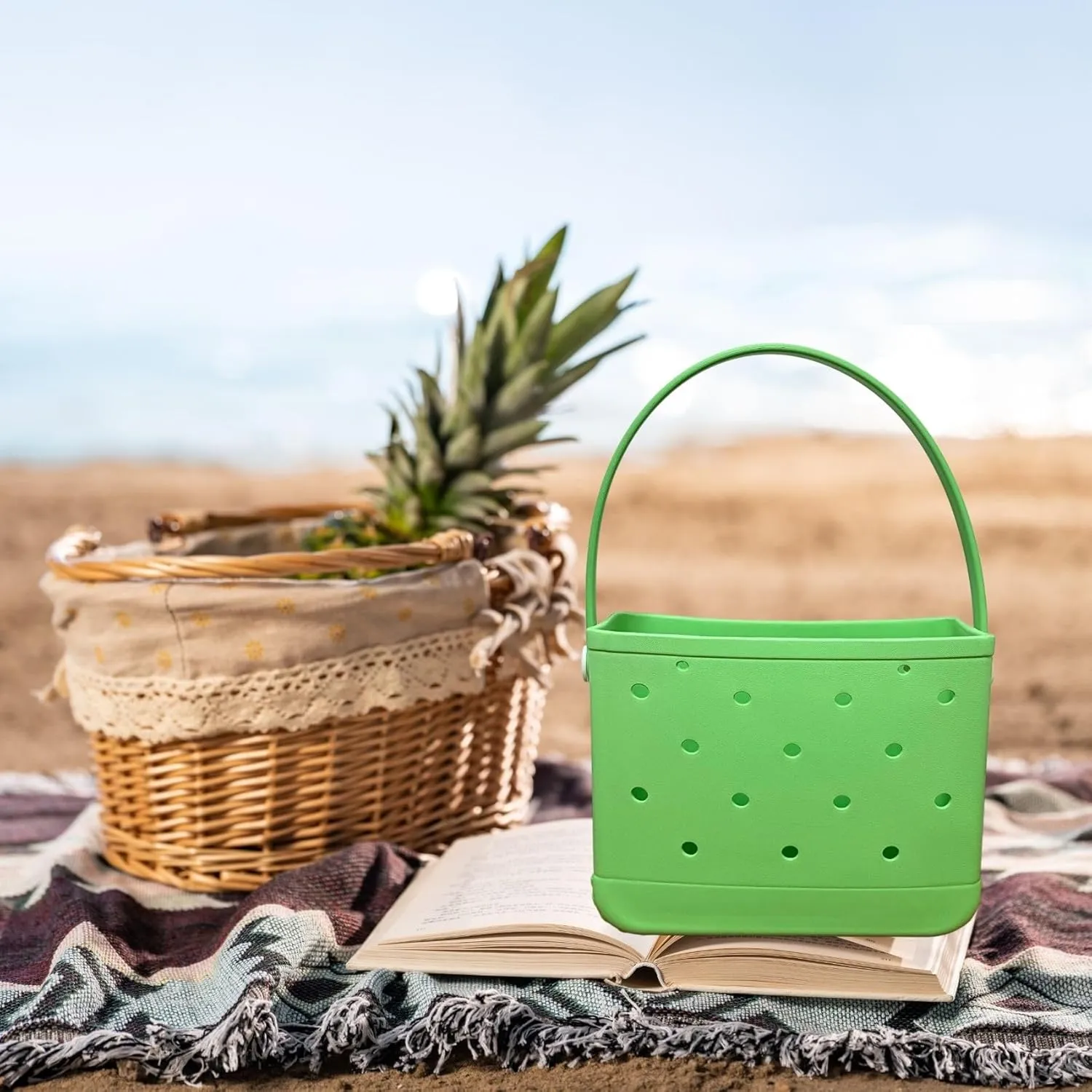 Small Rubber Beach Tote Bag, Open Top Portable Outdoor Travel Bag for Beach Picnic Pool Outings