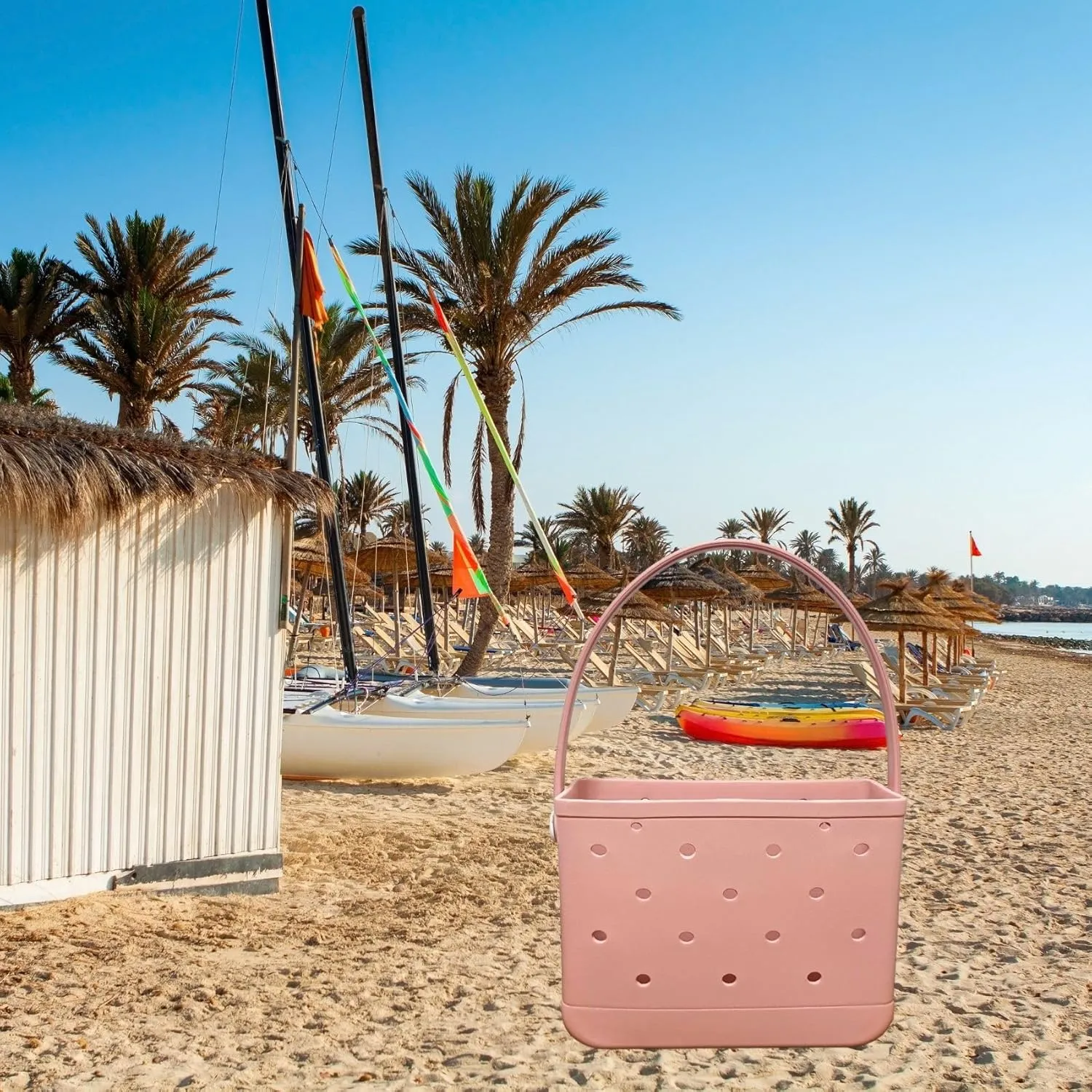 Small Rubber Beach Tote Bag, Open Top Portable Outdoor Travel Bag for Beach Picnic Pool Outings