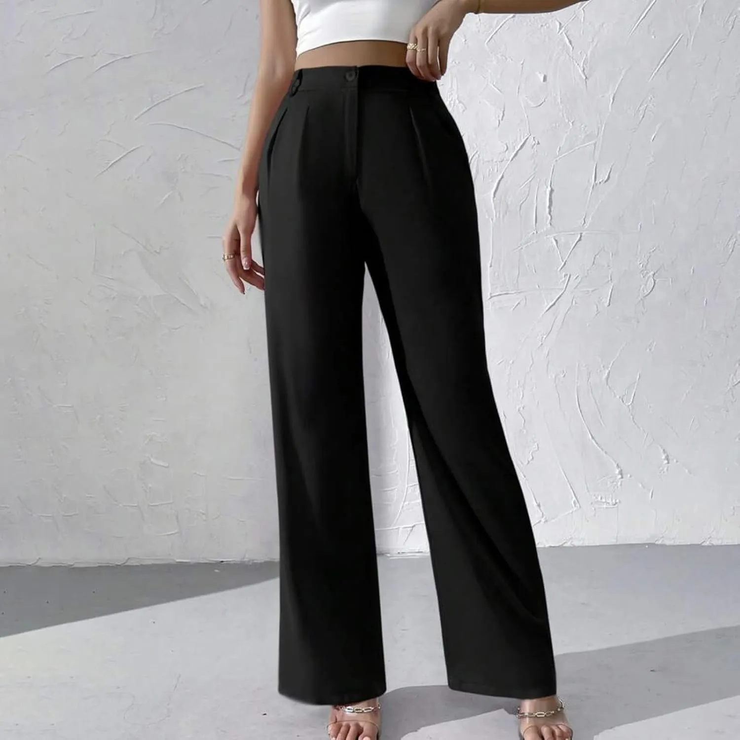 Straight Leg Dress Pants for Women Solid Color Pleated Palazzo Pants Stylish Casual High Waist Button Work Trousers