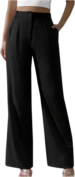 Straight Leg Dress Pants for Women Solid Color Pleated Palazzo Pants Stylish Casual High Waist Button Work Trousers