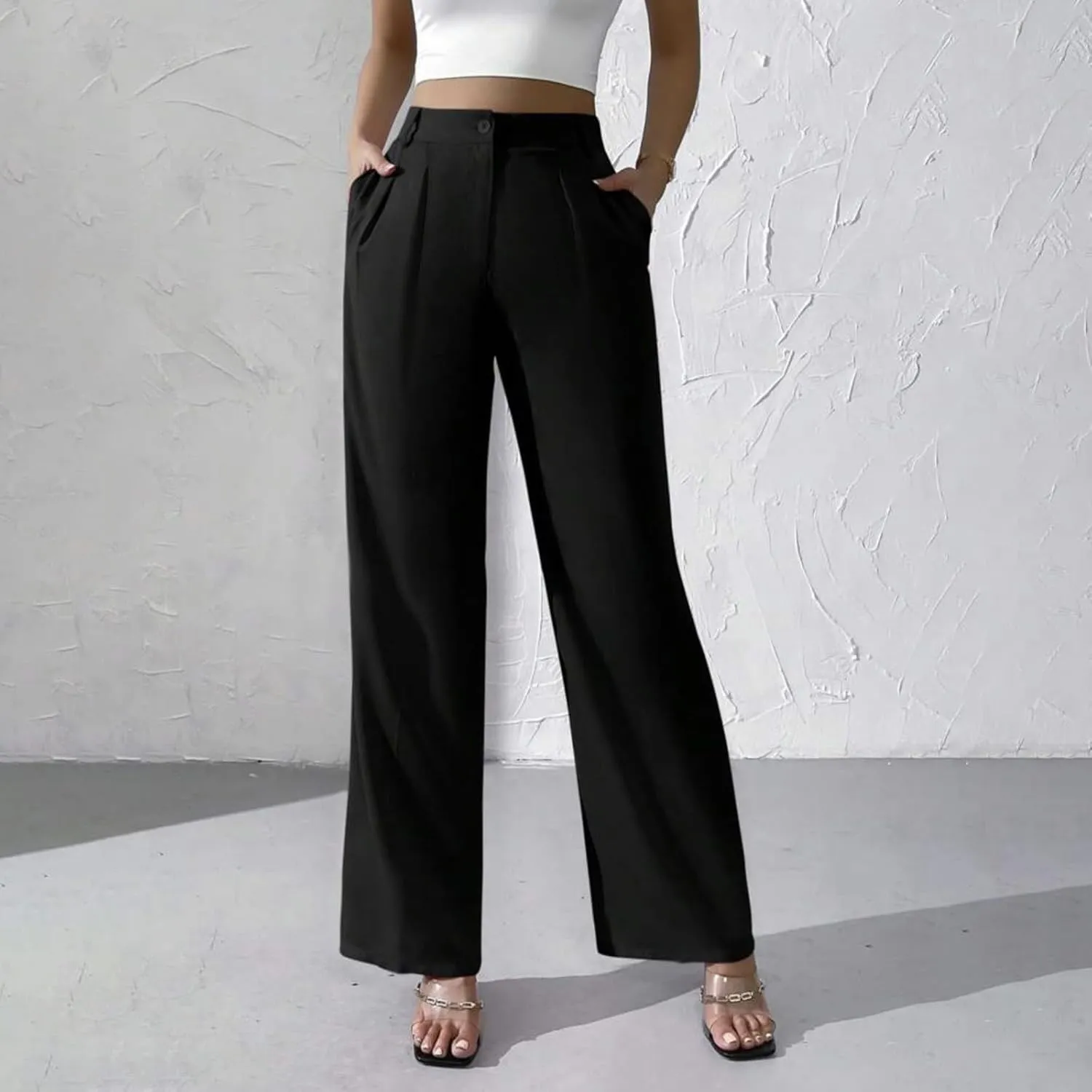 Straight Leg Dress Pants for Women Solid Color Pleated Palazzo Pants Stylish Casual High Waist Button Work Trousers