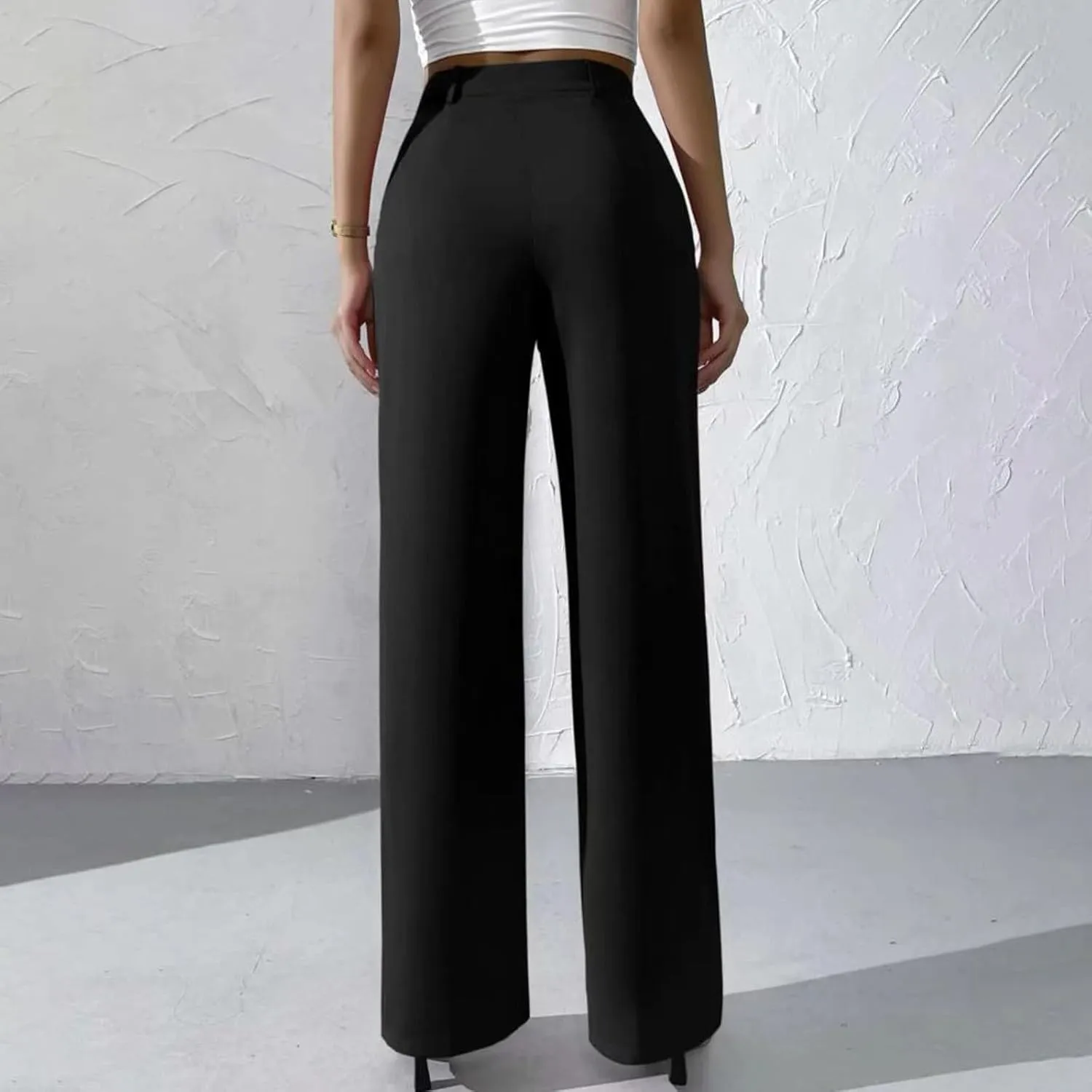 Straight Leg Dress Pants for Women Solid Color Pleated Palazzo Pants Stylish Casual High Waist Button Work Trousers