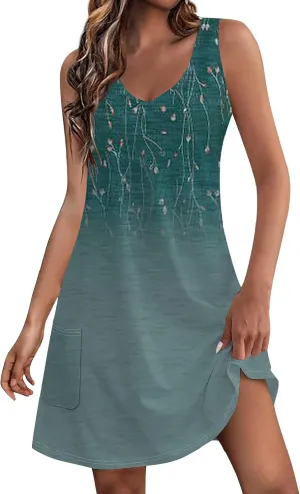 Summer Dresses for Women 2025 Boho Printed Vacation Dress Sleeveless Beach Sundresses Swimsuit Coverup with Pockets