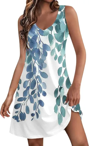 Summer Dresses for Women 2025 Boho Printed Vacation Dress Sleeveless Beach Sundresses Swimsuit Coverup with Pockets