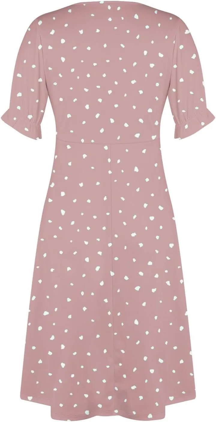 Summer Dresses for Women 2025 Short Sleeve Casual Flowy Dresses V Neck Floral Vacation Sundress Faux Wrap Midi Dress