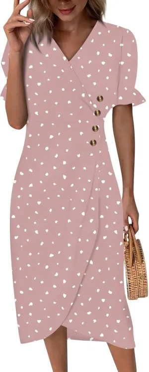 Summer Dresses for Women 2025 Short Sleeve Casual Flowy Dresses V Neck Floral Vacation Sundress Faux Wrap Midi Dress