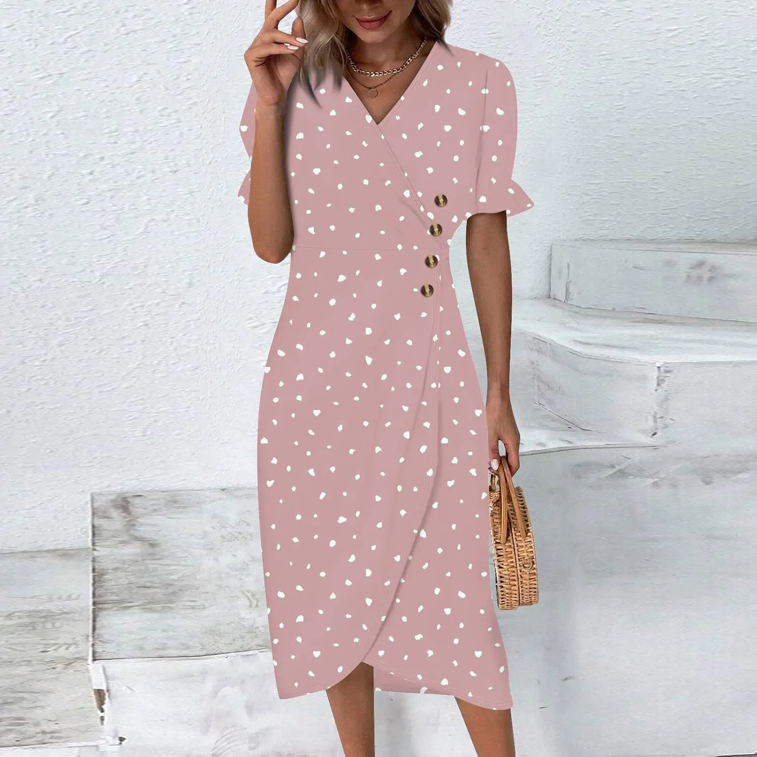 Summer Dresses for Women 2025 Short Sleeve Casual Flowy Dresses V Neck Floral Vacation Sundress Faux Wrap Midi Dress