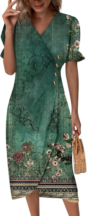 Summer Dresses for Women 2025 Short Sleeve Casual Flowy Dresses V Neck Floral Vacation Sundress Faux Wrap Midi Dress